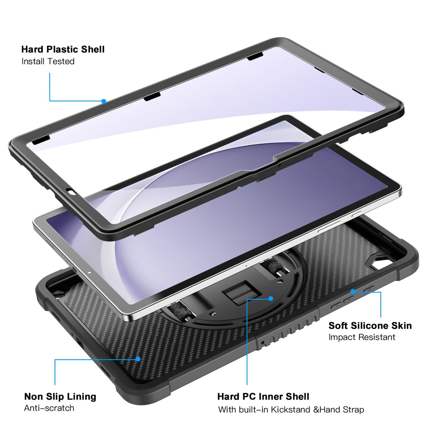 Samsung Galaxy Tab A9+ / A9 Plus 11'' Shockproof Hard Duty with Screen Protector+360 Rotating Hand Strap&Stand+Shoulder Strap Case-Black