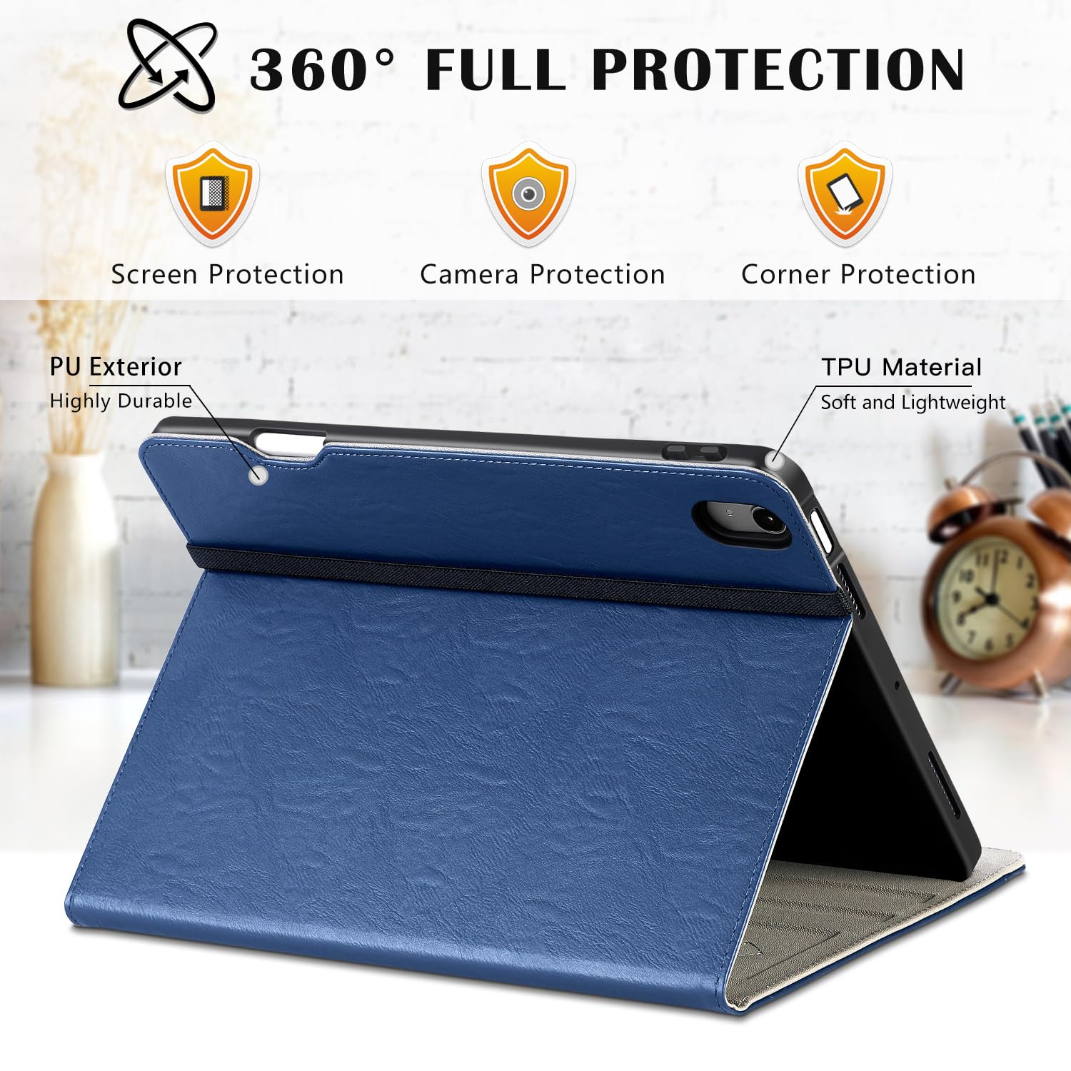 iPad Air 11 Inch M2(2024), iPad Air 5th Generation (2022)/ 4th Generation (2020) 10.9 Inch Leather Folio Case-Blue