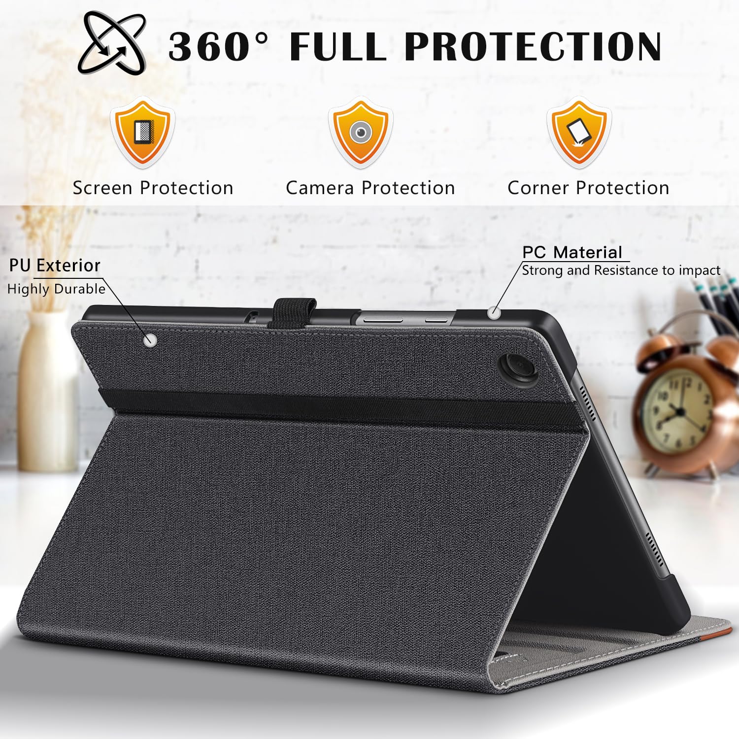 Samsung Galaxy Tab A9+ / A9 Plus 11 Inch PU Leather Cover with Elastic Ring for Storing S Pen, Card Slot, Multi-Angles & Auto Wake/Sleep Case-Denim Black