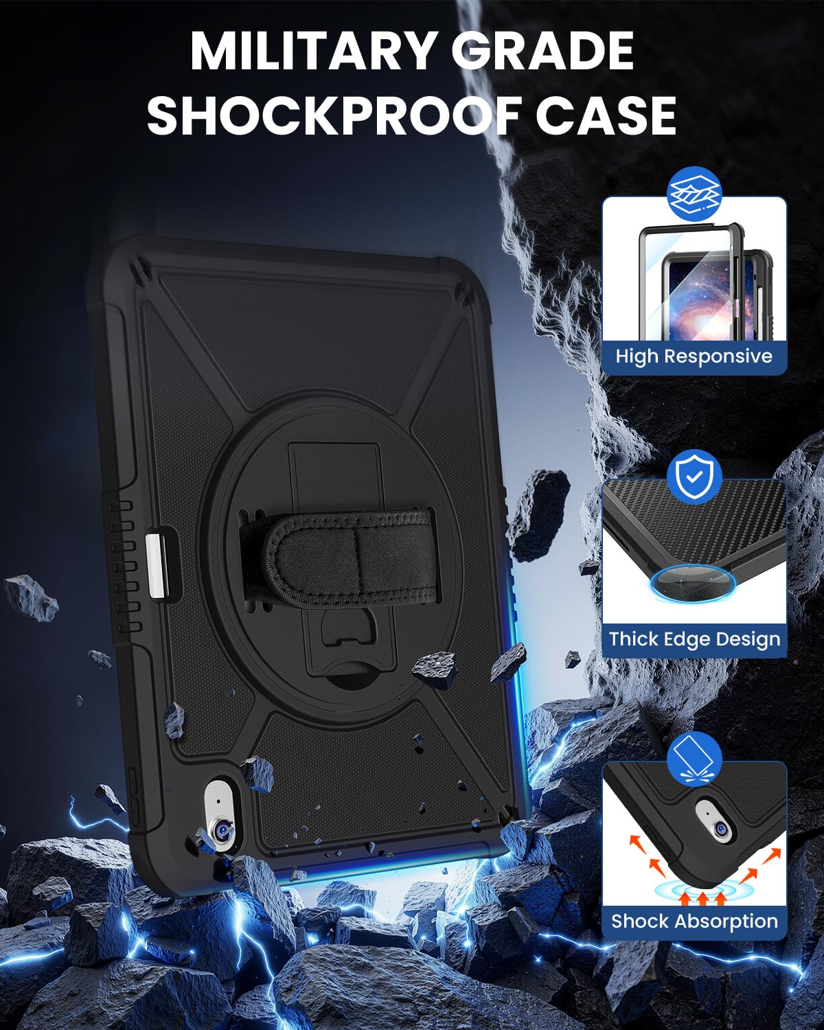 iPad (A16) 11th Generation 11 Inch 2025 iPad 10th Generation 10.9 inch 2022 with Screen Protector & 360° Rotate Hand Strap/Stand Heavy Duty Case for iPad 11th 2025(A3354/A3355)