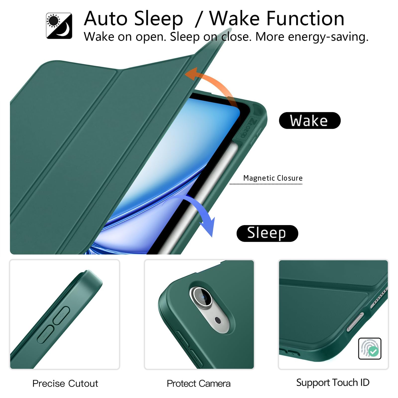 iPad Air 6th Generation 11 Inch & iPad Air 5th/4th Gen 10.9 Inch TPU Back Slim Trifold Smart Case-Black,Green