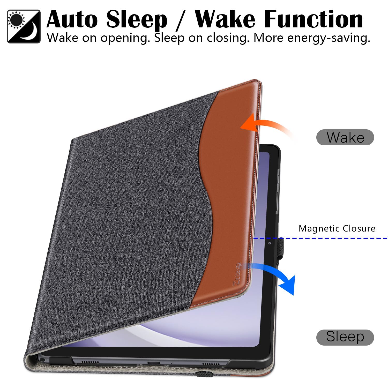 Samsung Galaxy Tab A9+ / A9 Plus 11 Inch PU Leather Cover with Elastic Ring for Storing S Pen, Card Slot, Multi-Angles & Auto Wake/Sleep Case-Denim Black