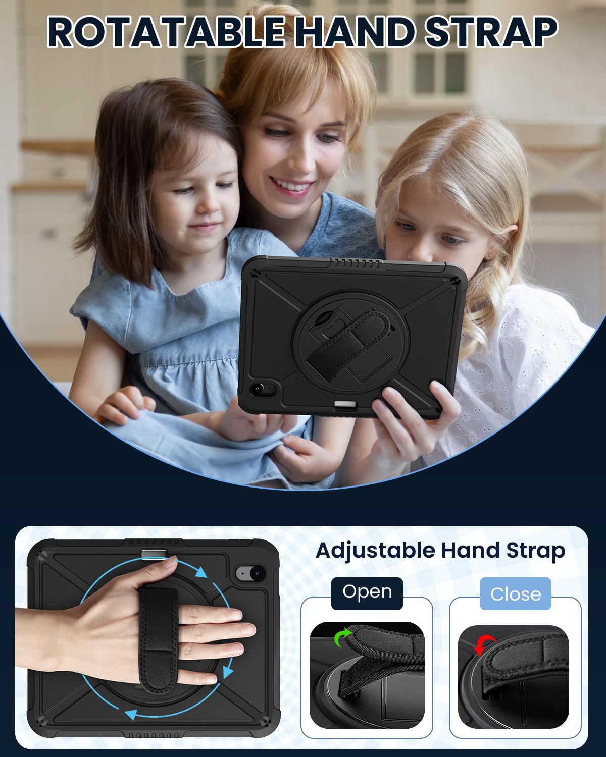 iPad (A16) 11th Generation 11 Inch 2025 iPad 10th Generation 10.9 inch 2022 with Screen Protector & 360° Rotate Hand Strap/Stand Heavy Duty Case for iPad 11th 2025(A3354/A3355)