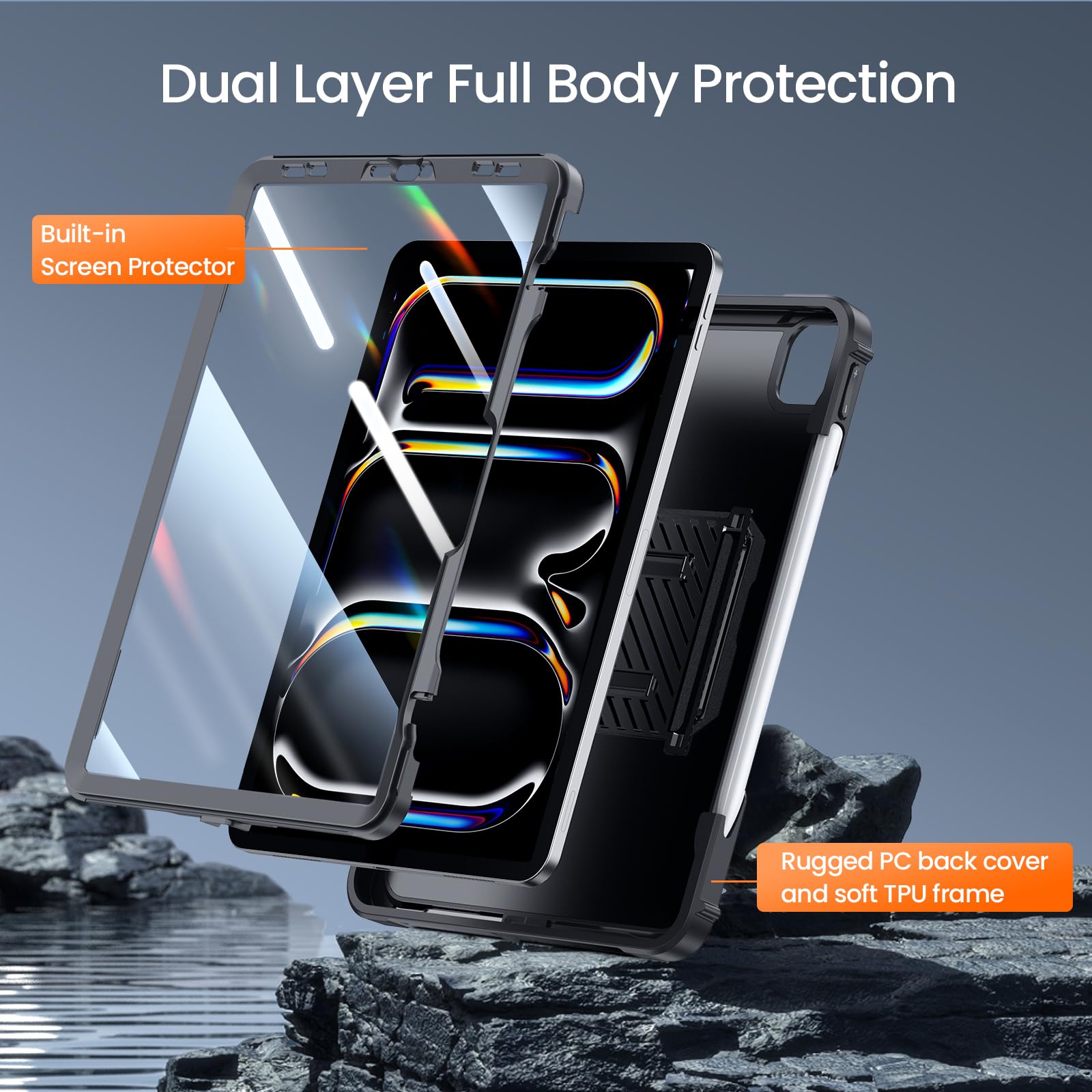 iPad Pro 13 Inch 2024 M4 7th Gen/Pro 12.9 Inch 6th/5th/4th Generation Full Body Protective Case with Pencil Holder+Screen Protector-Black,Pink,Green