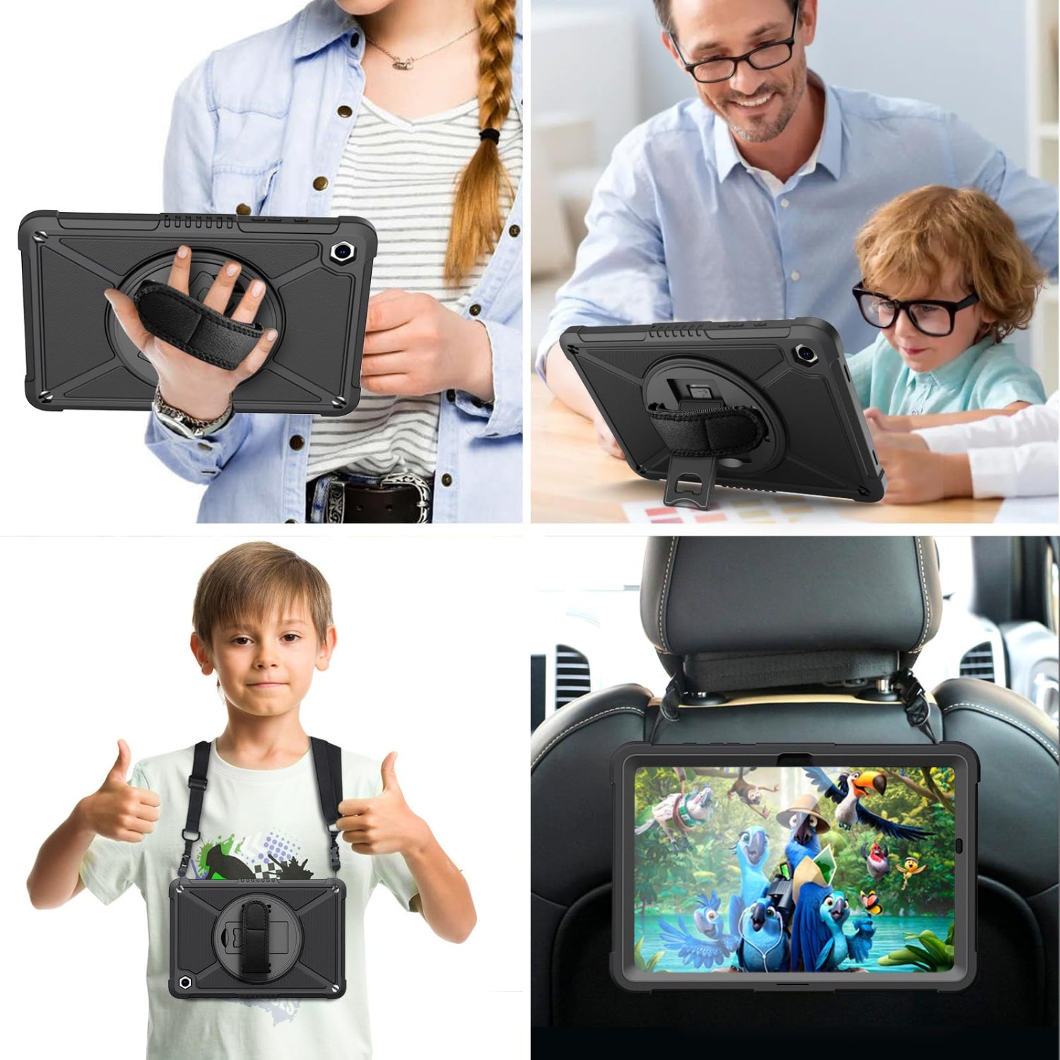 Samsung Galaxy Tab A9+ / A9 Plus 11'' Shockproof Hard Duty with Screen Protector+360 Rotating Hand Strap&Stand+Shoulder Strap Case-Black