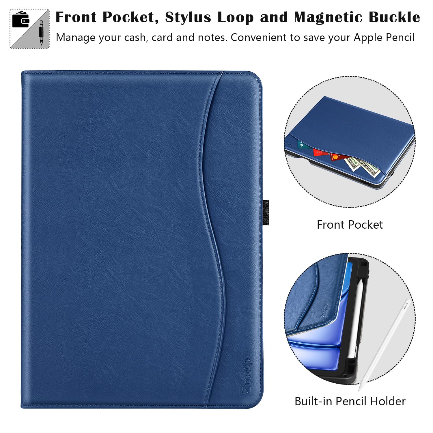 iPad Air 11 Inch M2(2024), iPad Air 5th Generation (2022)/ 4th Generation (2020) 10.9 Inch Leather Folio Case-Blue