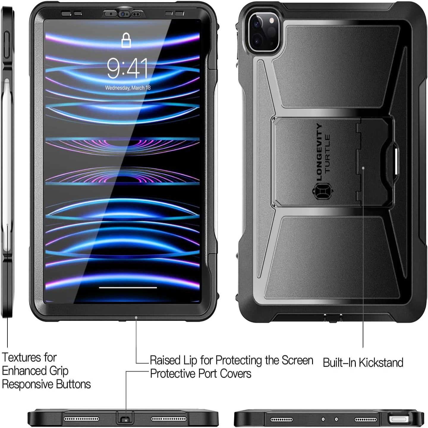 iPad Pro 11 3rd Generatio 2024/2021 with Screen Protector, Shockproof Dual Layer Full Protective Case-Black