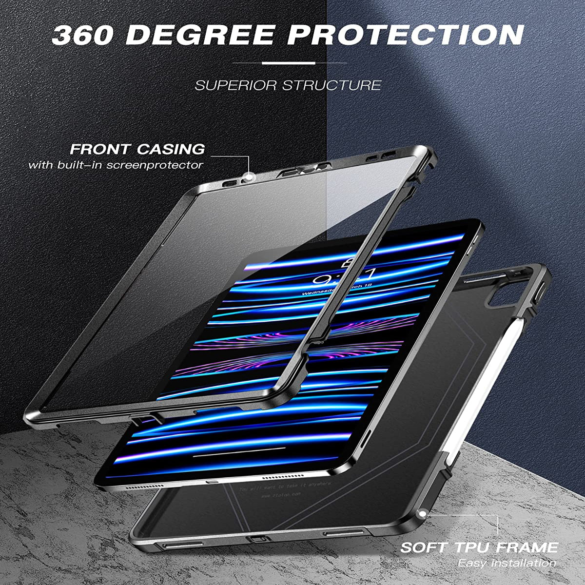 iPad Pro 11 3rd Generatio 2024/2021 with Screen Protector, Shockproof Dual Layer Full Protective Case-Black