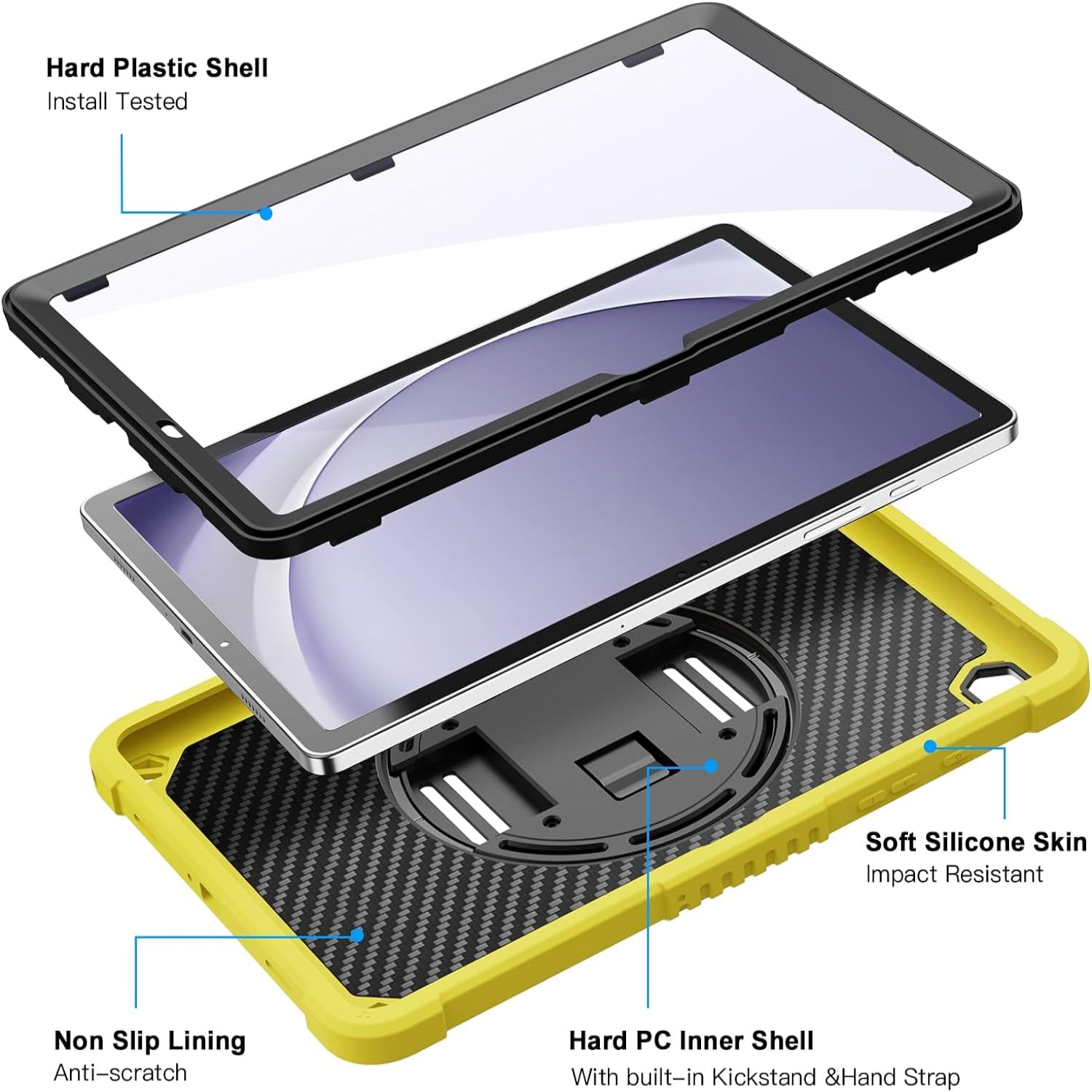 Samsung Galaxy Tab A9+ / A9 Plus 11''Shockproof Hard Duty with Screen Protector+360 Rotating Hand Strap Stand+Shoulder Strap Case-Yellow