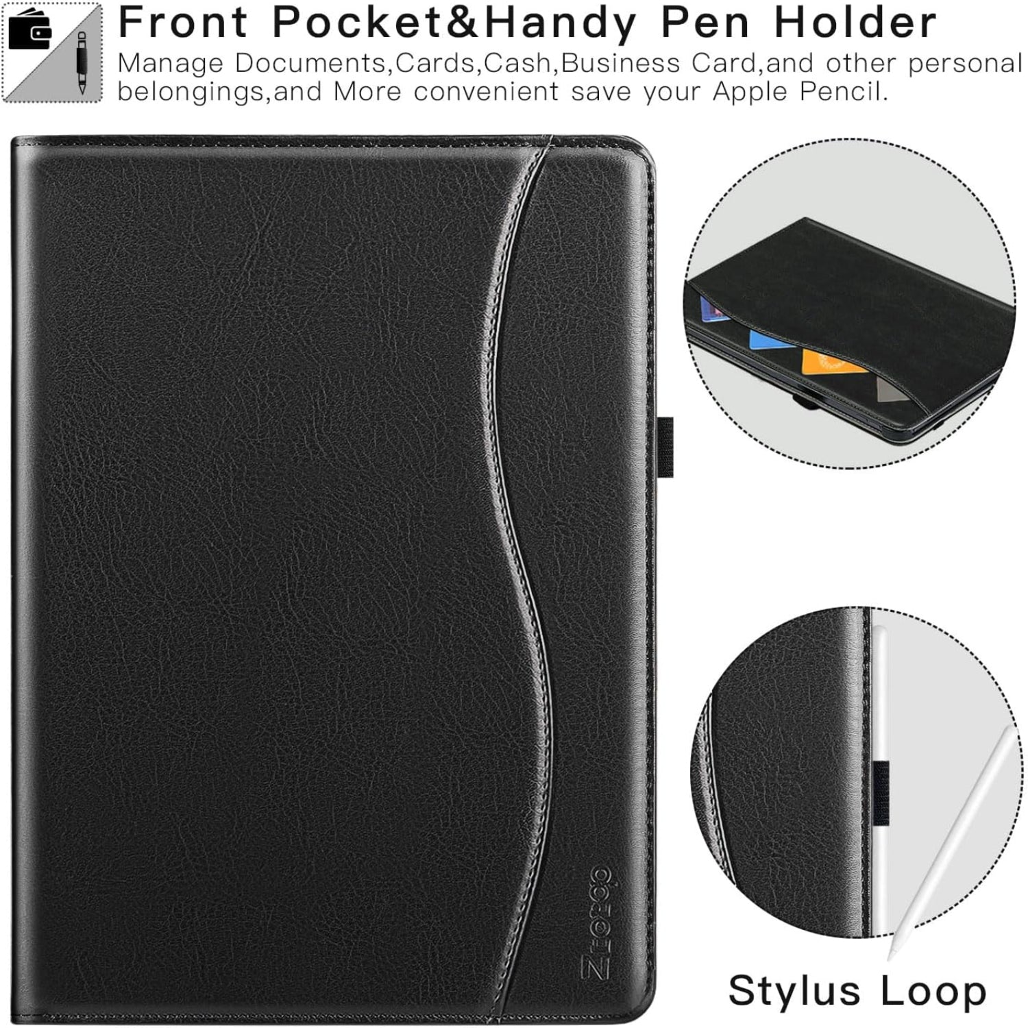 𝐢𝐏𝐚𝐝 𝐏𝐫𝐨 𝟏𝟑 Inch Case 2024(M4),7th Generation/Pro 12.9" in 6th/5th/4th Gen PU Leather Smart Folio Cover Case-Black