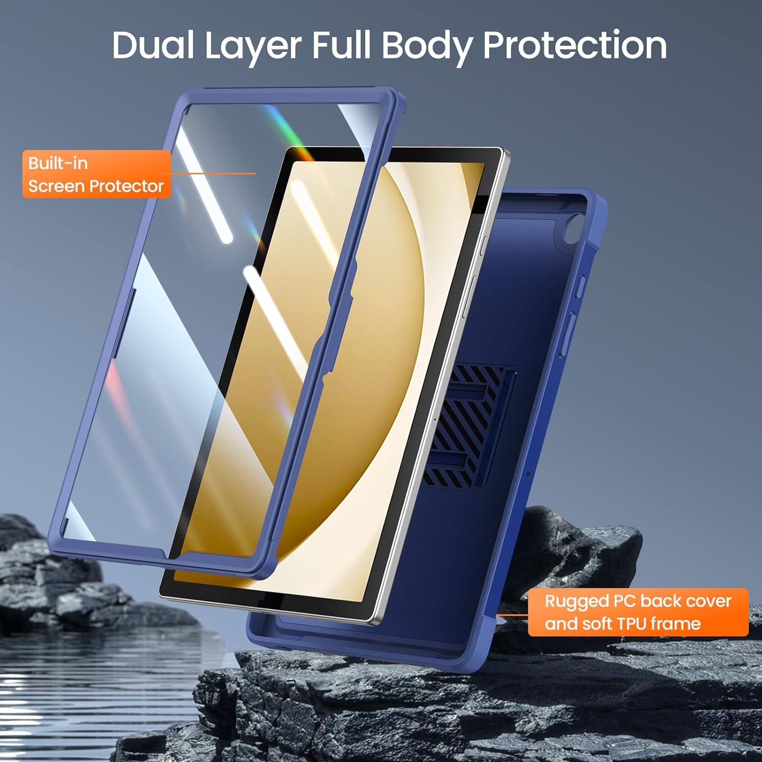 Samsung Galaxy Tab A9 Plus 11 Inch Built-in Screen Protector/Kickstand/Full-Body Dual Layer Shockproof Protective Cover Case-Blue