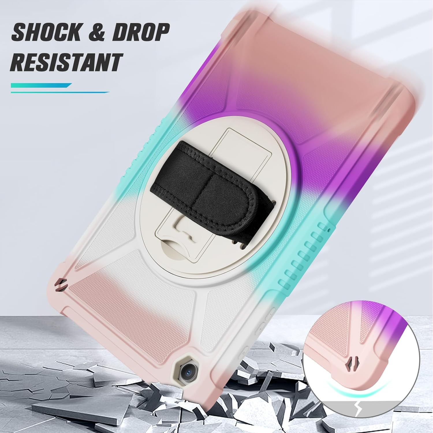 Samsung Galaxy Tab A9+ / A9 Plus 11 inch Shockproof Hard Duty with Screen Protector+360 Rotating Hand Strap&Stand+Shoulder Strap Case-Colorful