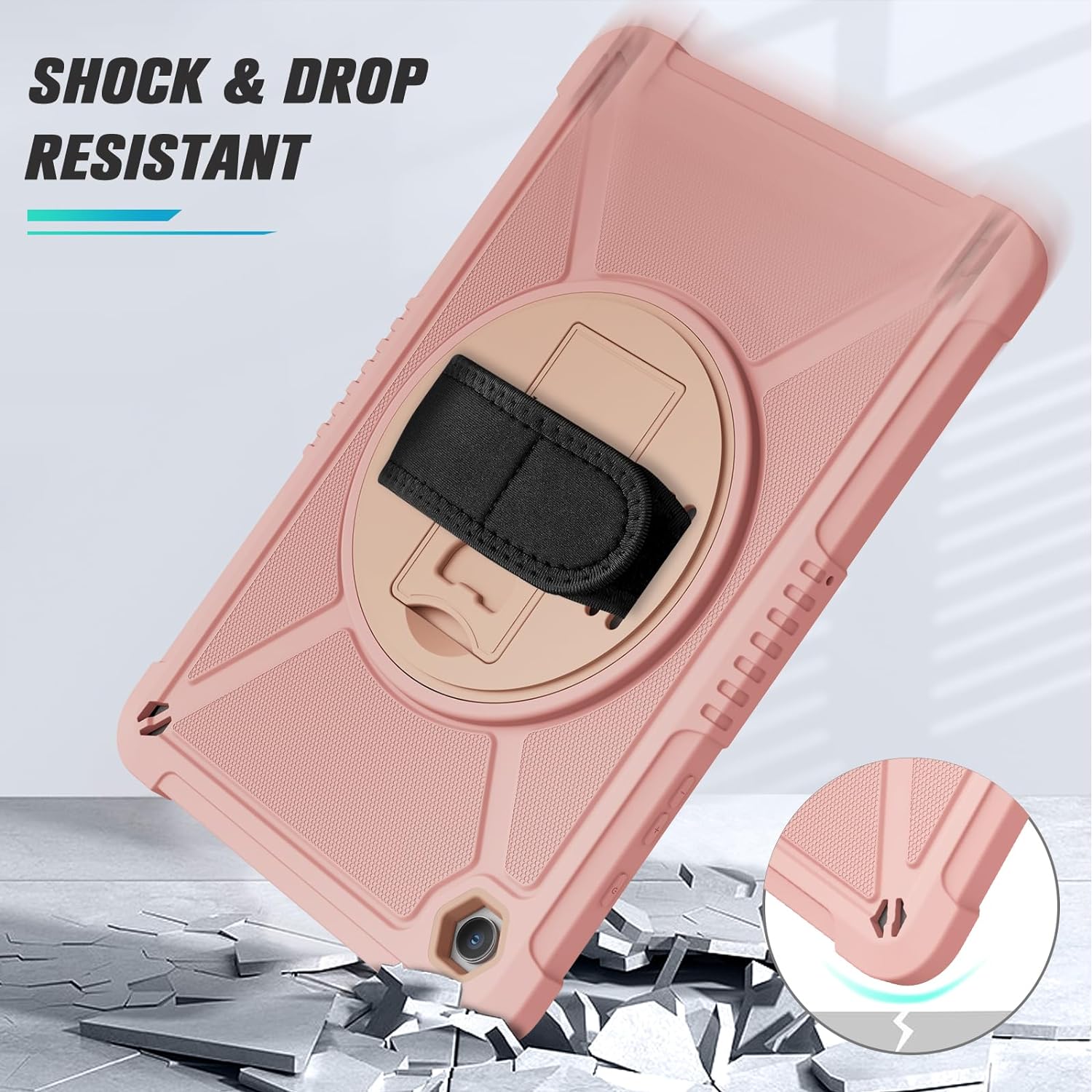 Samsung Galaxy Tab A9+ / A9 Plus 11''Shockproof Hard Duty with Screen Protector+360 Rotating Hand Strap&Stand+Shoulder Strap Case-Pink
