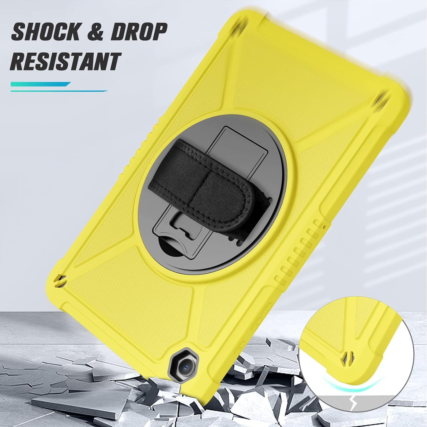 Samsung Galaxy Tab A9+ / A9 Plus 11''Shockproof Hard Duty with Screen Protector+360 Rotating Hand Strap Stand+Shoulder Strap Case-Yellow