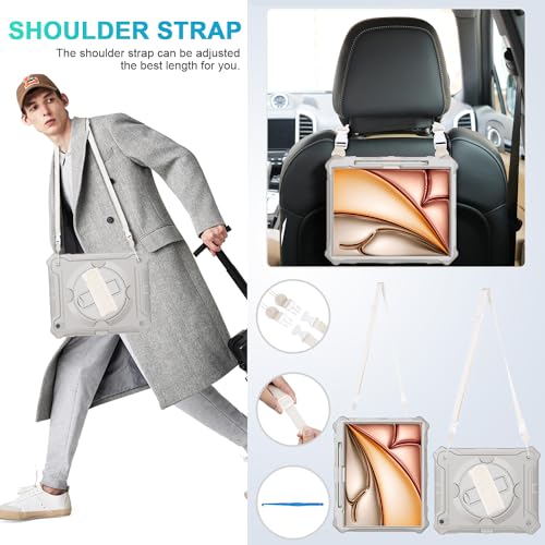 iPad Air 13-Inch (M2) 2024 Shockproof Full Body Protective Case with 360° Rotating Hand Strap &Stand-Starlight