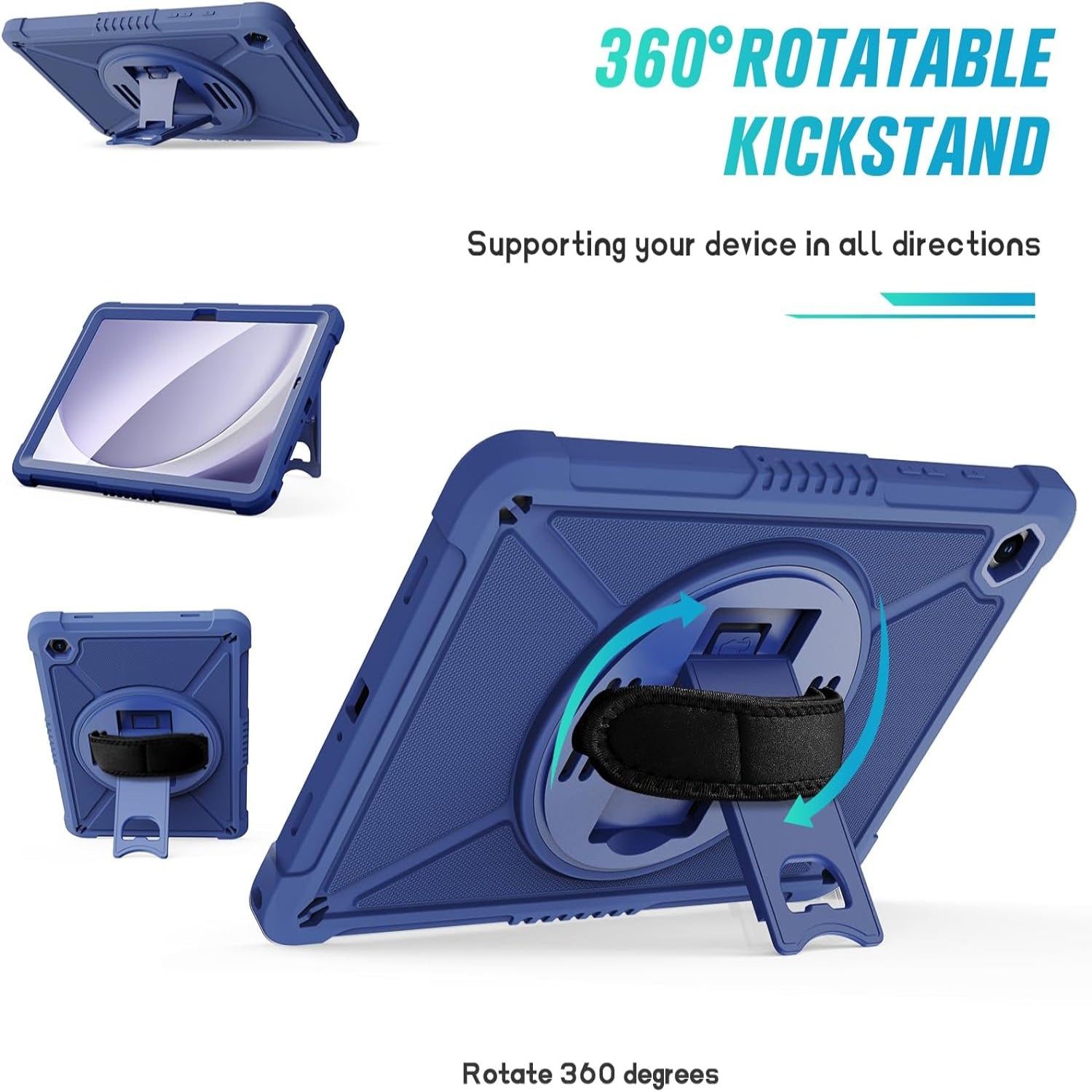 Samsung Galaxy Tab A9+ / A9 Plus 11''Shockproof Hard Duty with Screen Protector+360 Rotating Hand Strap&Stand+Shoulder Strap Case-Blue