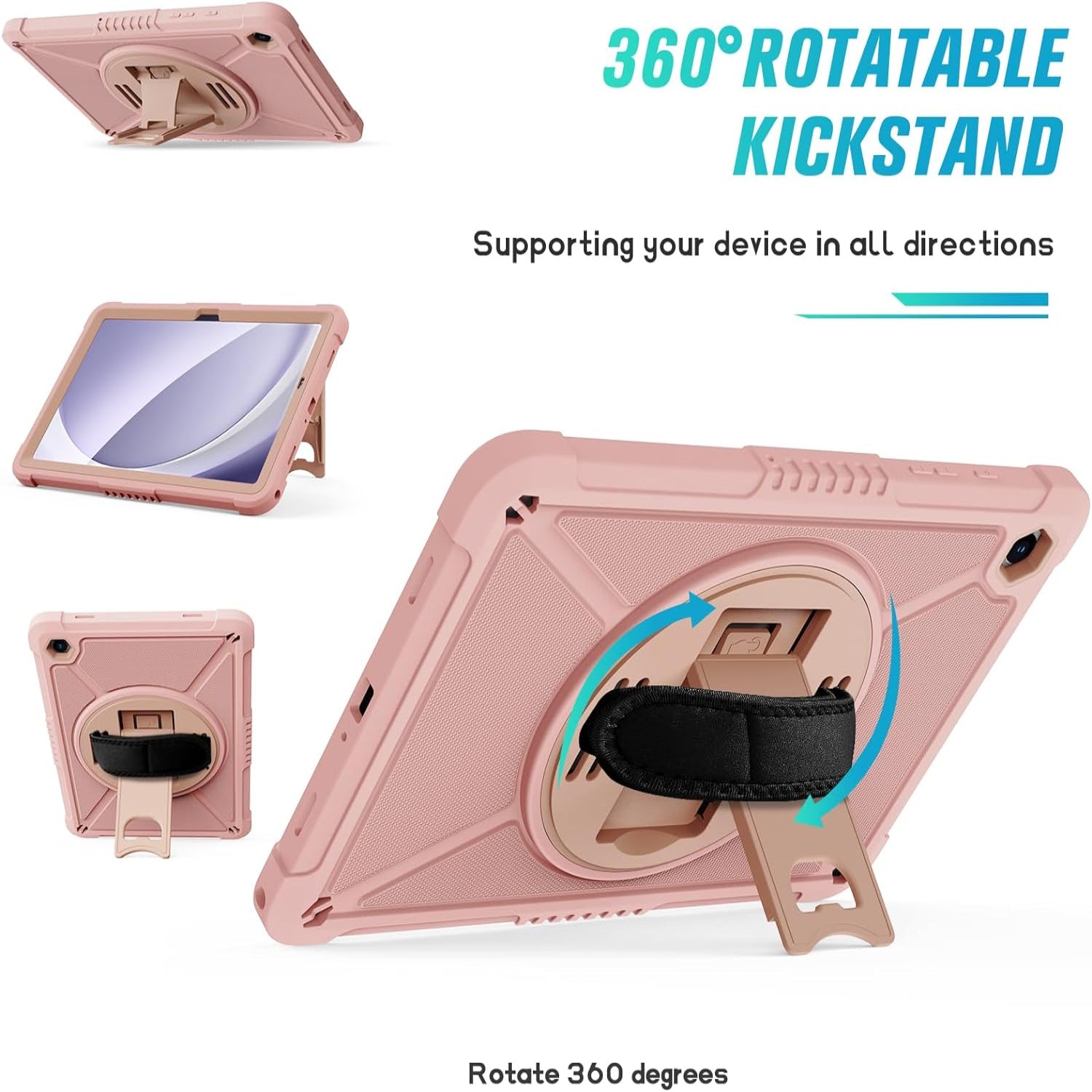Samsung Galaxy Tab A9+ / A9 Plus 11''Shockproof Hard Duty with Screen Protector+360 Rotating Hand Strap&Stand+Shoulder Strap Case-Pink