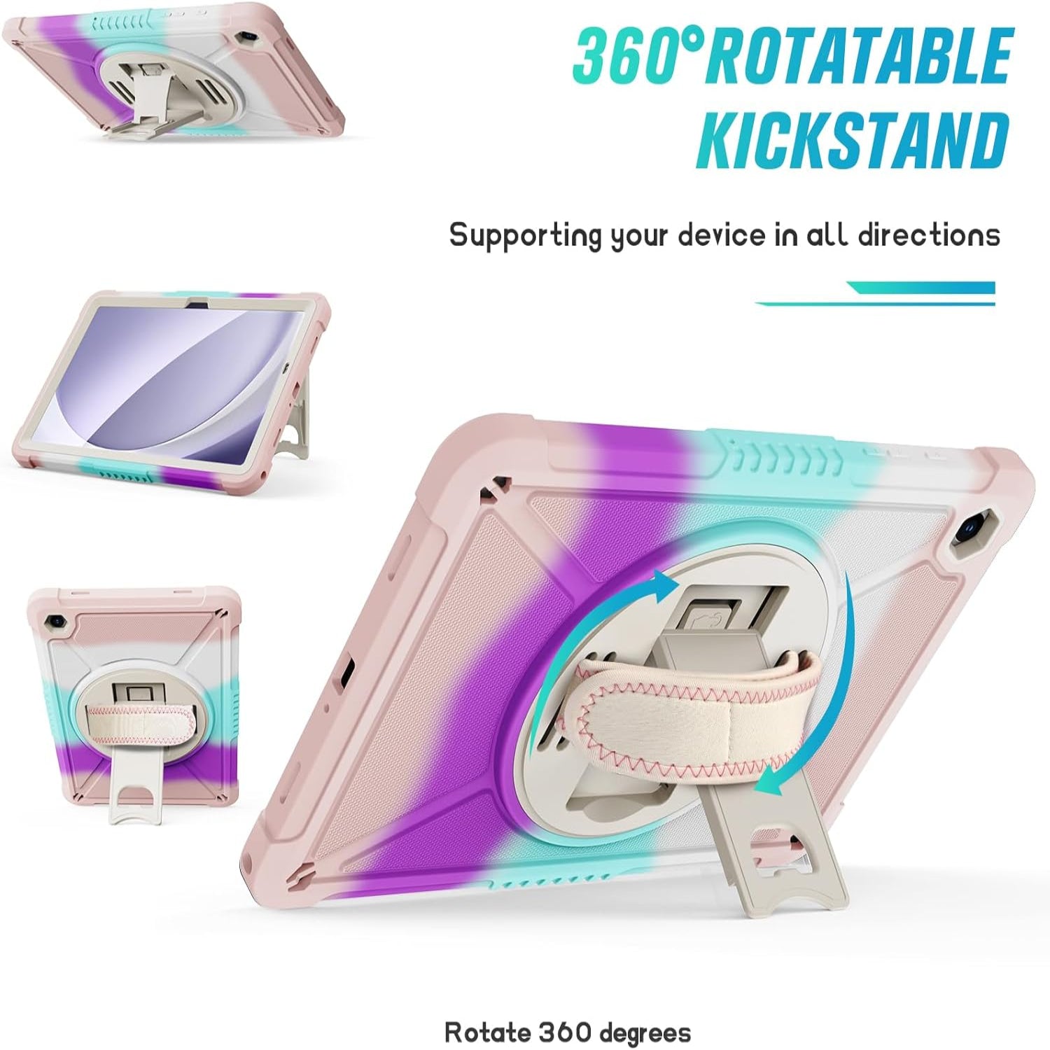 Samsung Galaxy Tab A9+ / A9 Plus 11 inch Shockproof Hard Duty with Screen Protector+360 Rotating Hand Strap&Stand+Shoulder Strap Case-Colorful