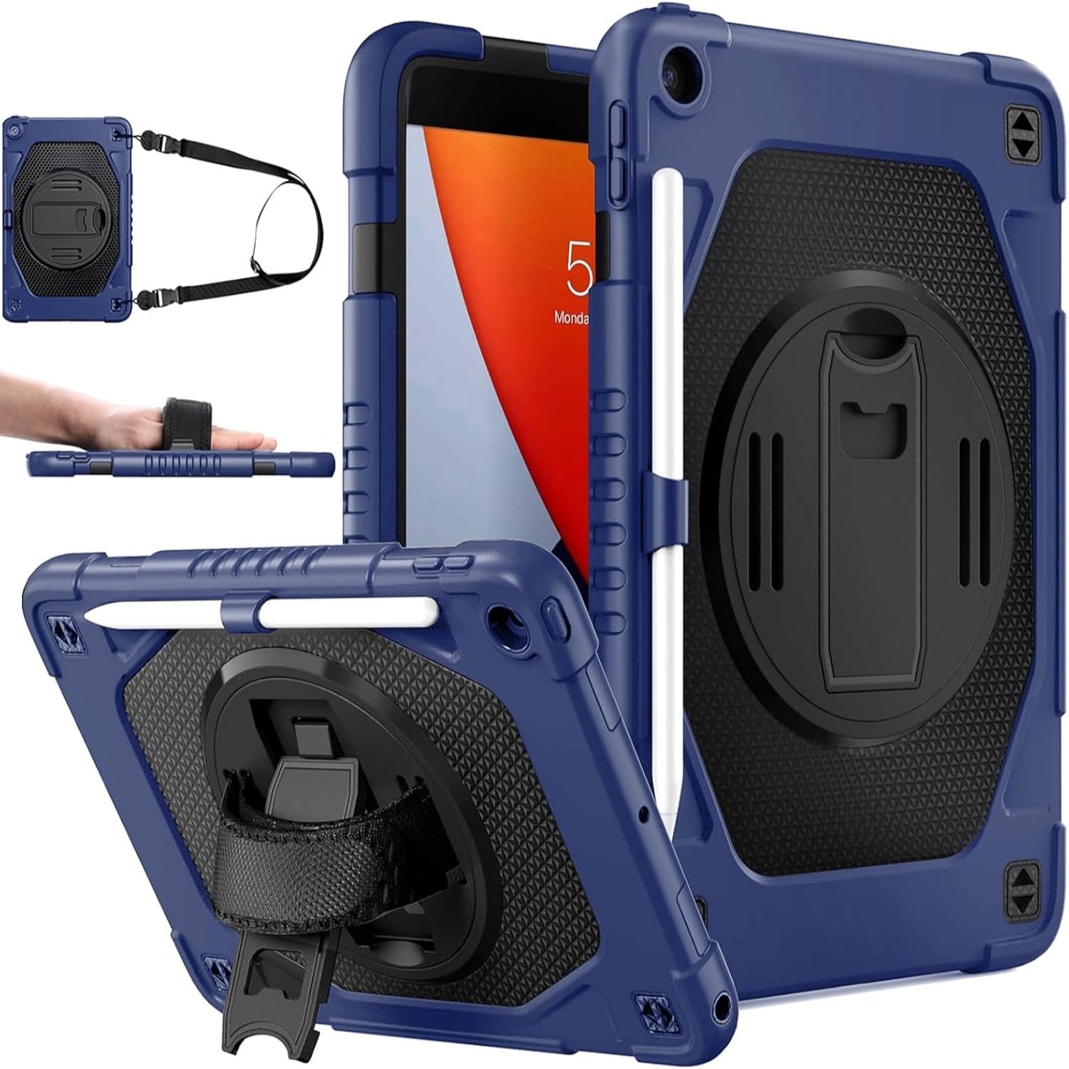 iPad 9th/8th/7th Generation iPad 10.2 Shockproof Full Body Protective Case with 360° Rotating Hand Strap &Stand-Black,Blue