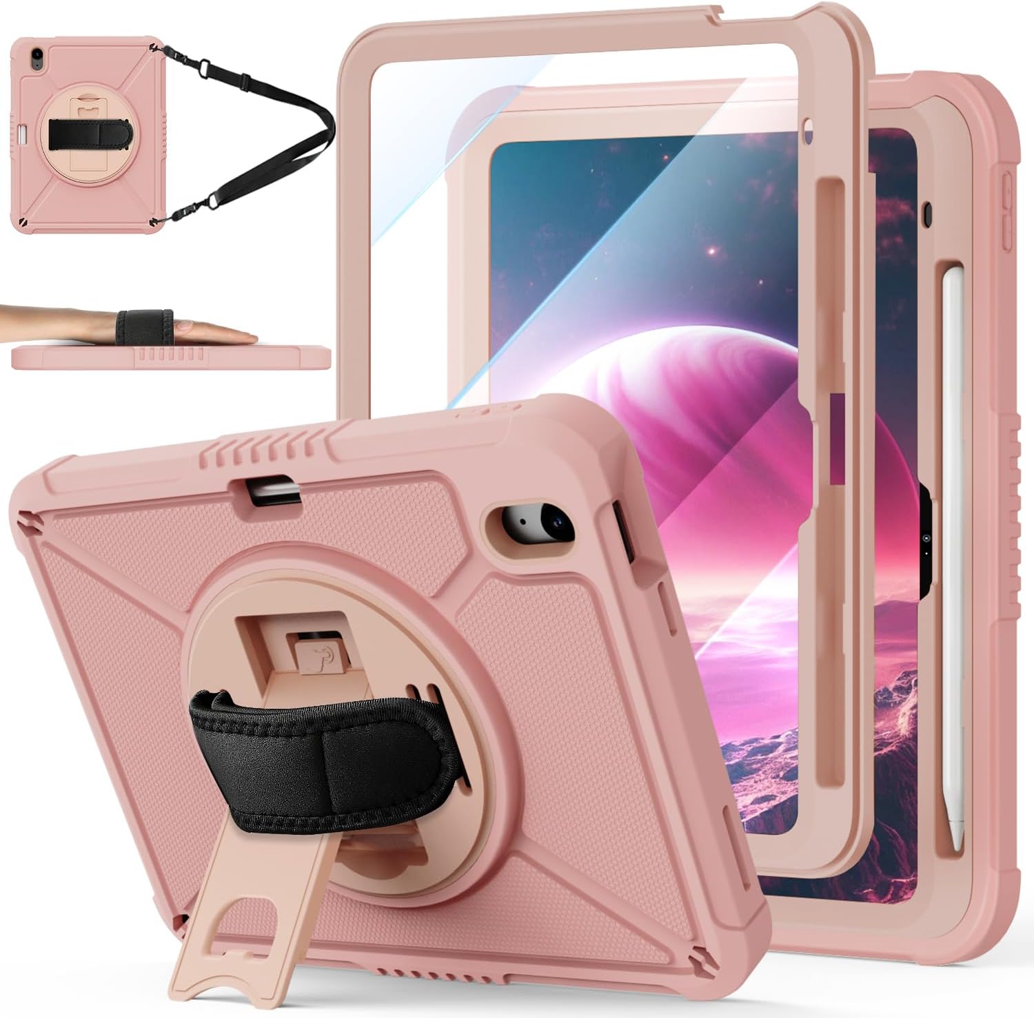 iPad (A16) 11th Generation 11 Inch 2025 iPad 10th Generation 10.9 inch 2022 with Screen Protector & 360° Rotate Hand Strap/Stand Heavy Duty Case for iPad 11th 2025(A3354/A3355)