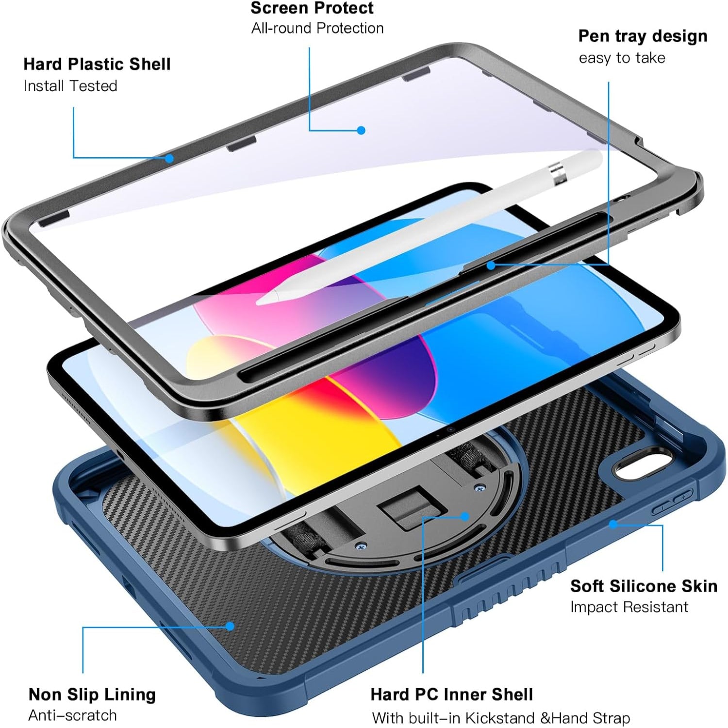 iPad 10th Generation 10.9 Inch with Screen Protector, 360 Rotating Stand Protective Case-Blue