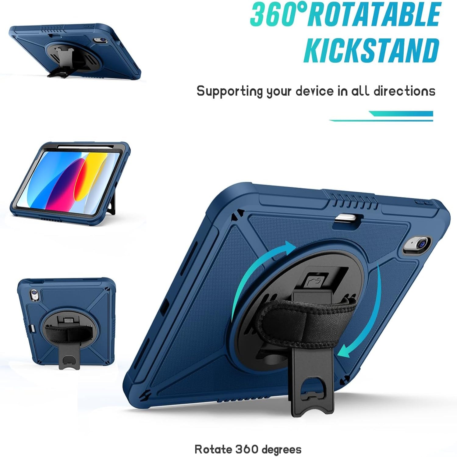 iPad 10th Generation 10.9 Inch with Screen Protector, 360 Rotating Stand Protective Case-Blue