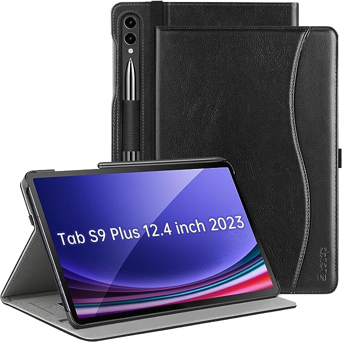 Ztotop Case for Samsung Galaxy Tab S9 Plus 12.4 Inch Tablet 2023, Premium PU Leather Cover with S Pen Holder, Front Pocket & Multiple Viewing Angles for Galaxy S9+ Tablet SM-X810/X816B/X818U, Black