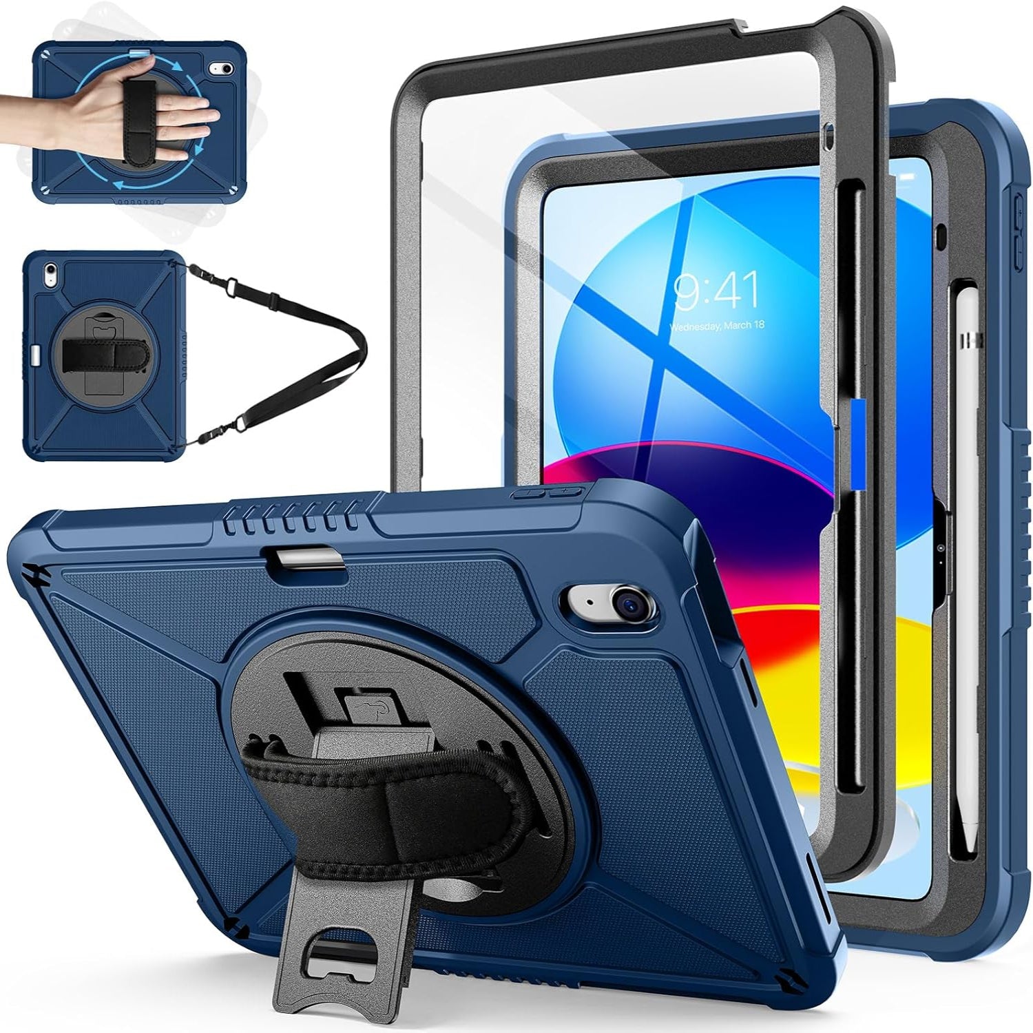 iPad 10th Generation 10.9 Inch with Screen Protector, 360 Rotating Stand Protective Case-Blue