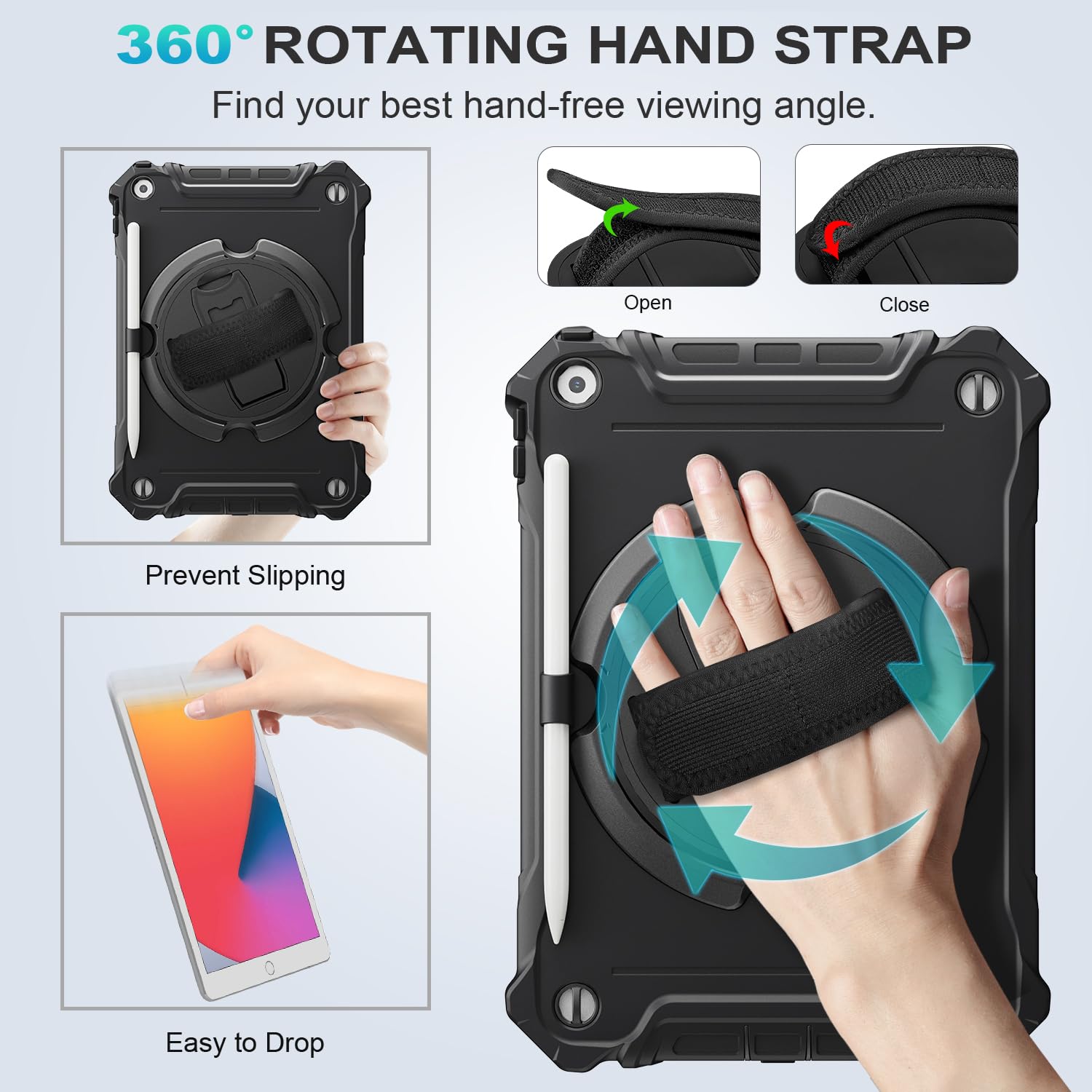 iPad 9th/ 8th/ 7th Generation 10.2 inch Shockproof Full Body Protective Case with 360° Rotating Hand Strap & Stand-Black