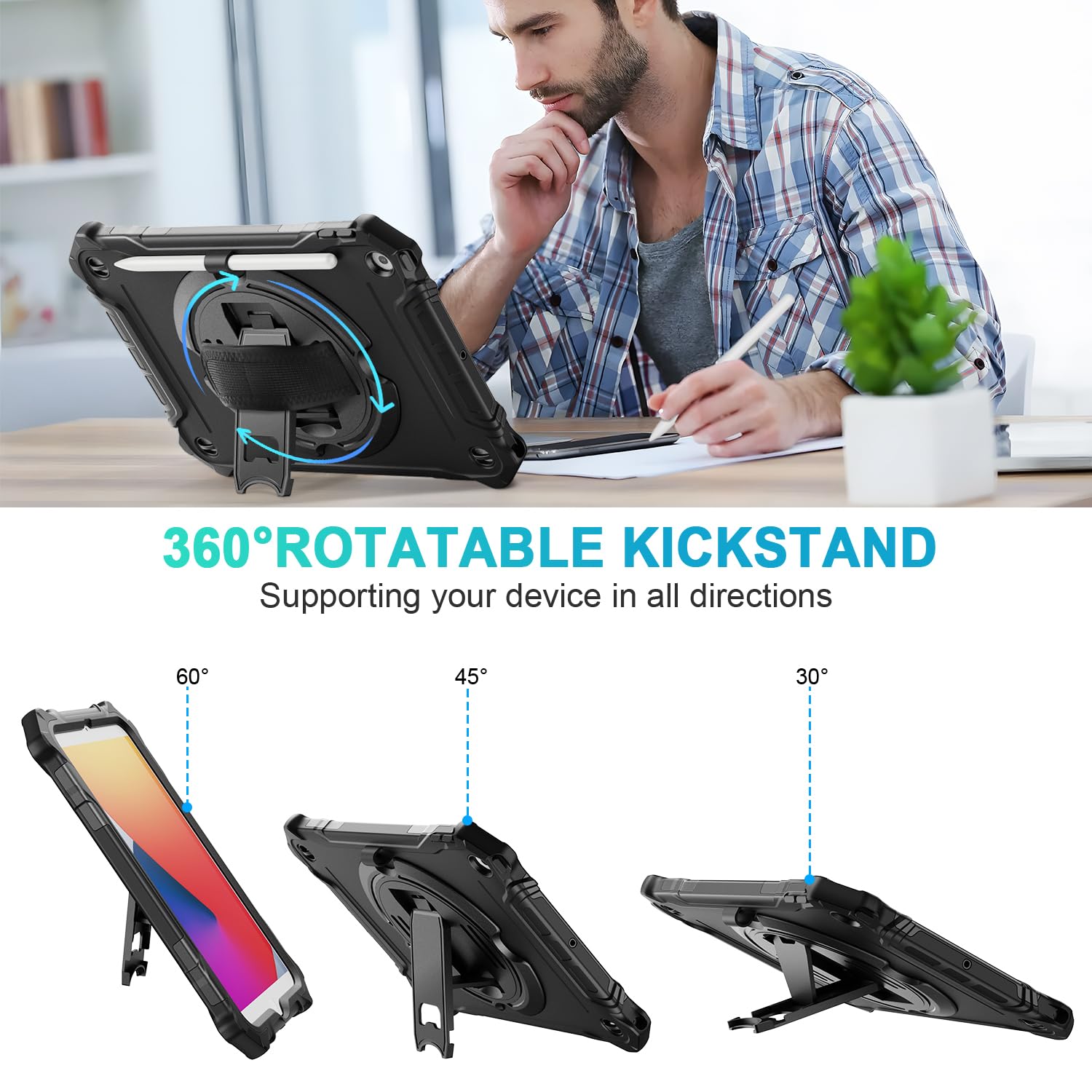 iPad 9th/ 8th/ 7th Generation 10.2 inch Shockproof Full Body Protective Case with 360° Rotating Hand Strap & Stand-Black