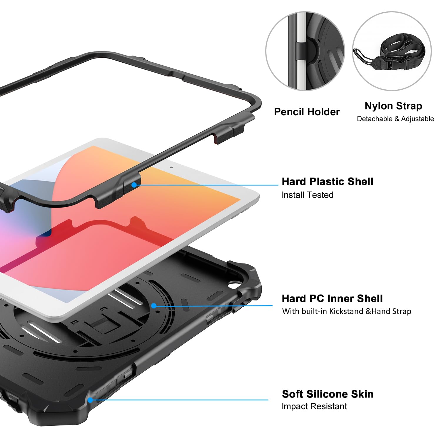 iPad 9th/ 8th/ 7th Generation 10.2 inch Shockproof Full Body Protective Case with 360° Rotating Hand Strap & Stand-Black