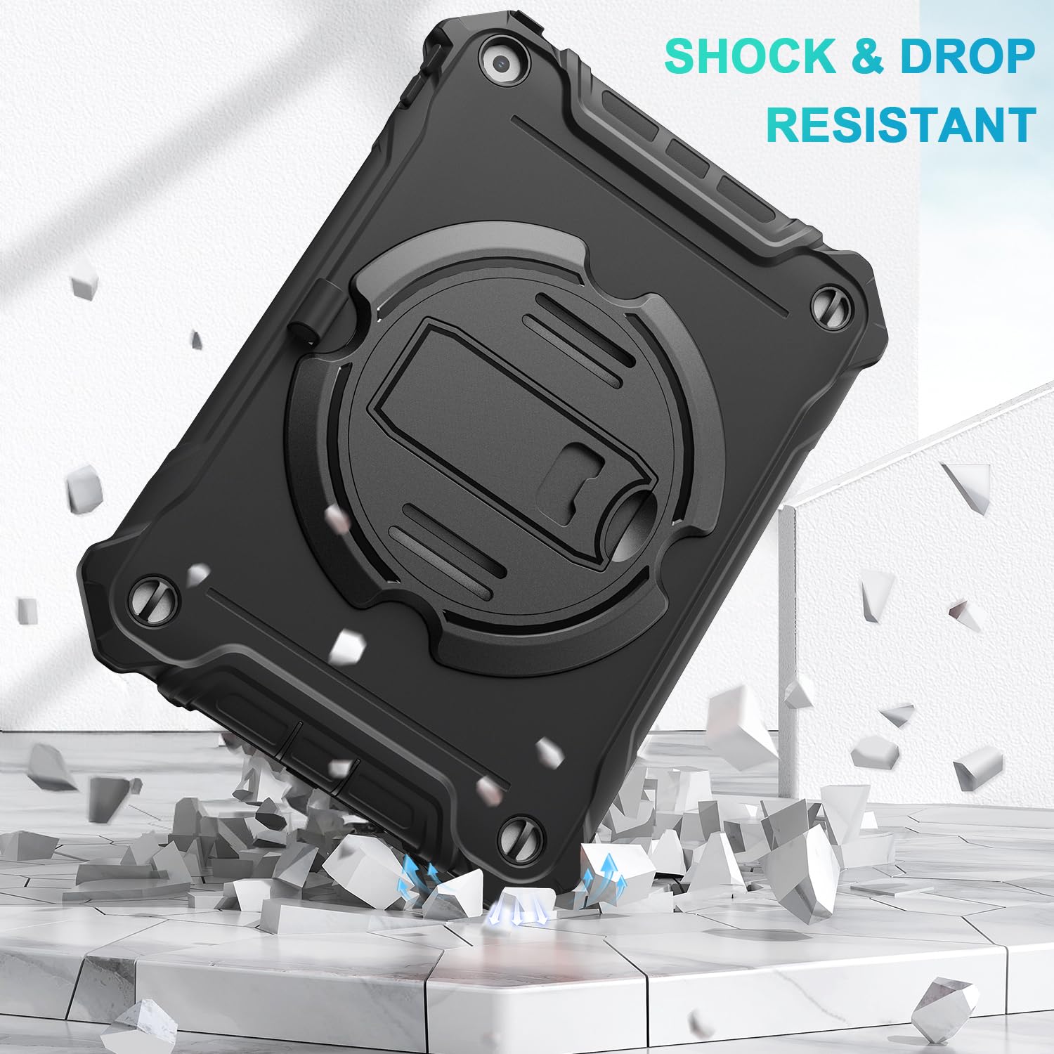 iPad 9th/ 8th/ 7th Generation 10.2 inch Shockproof Full Body Protective Case with 360° Rotating Hand Strap & Stand-Black