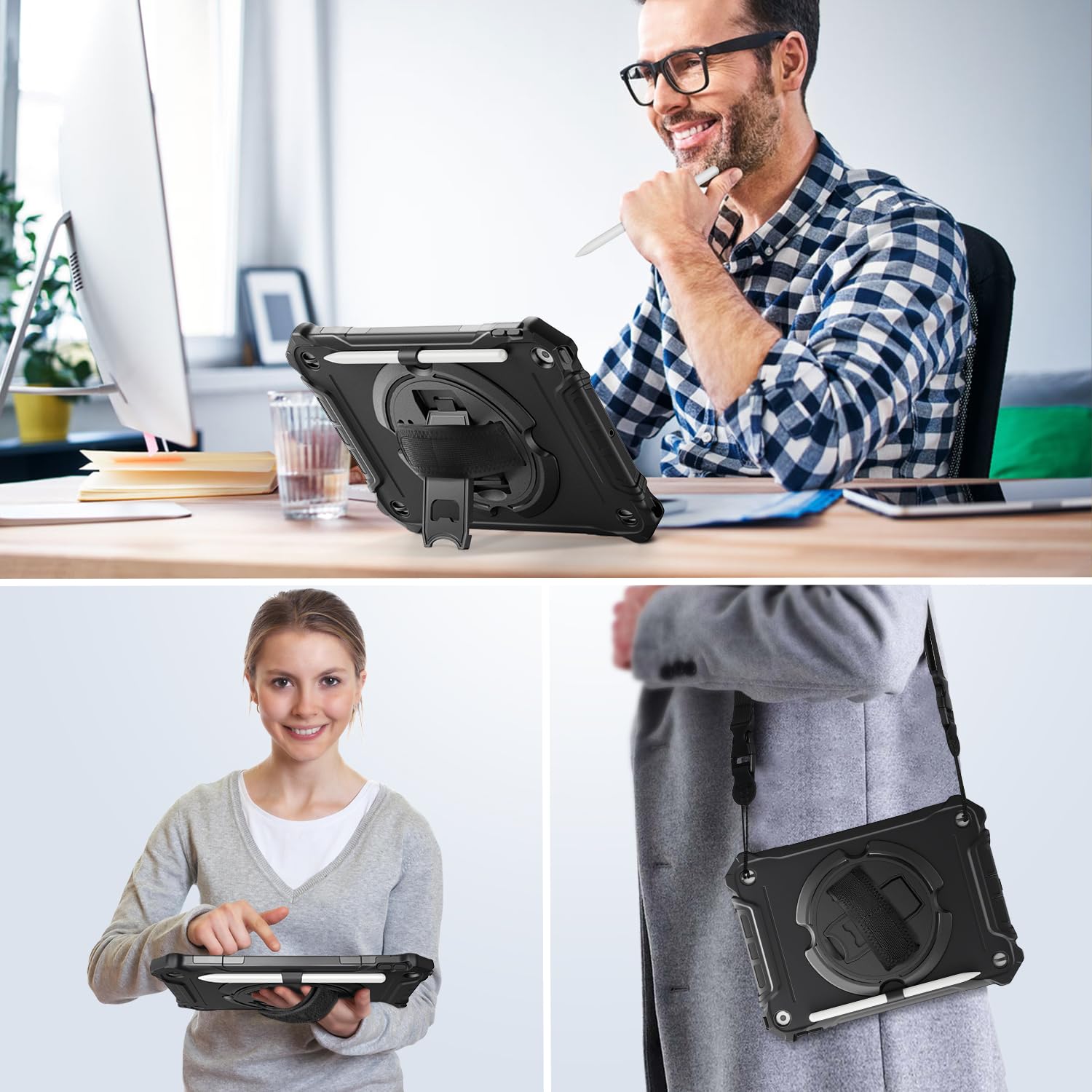 iPad 9th/ 8th/ 7th Generation 10.2 inch Shockproof Full Body Protective Case with 360° Rotating Hand Strap & Stand-Black