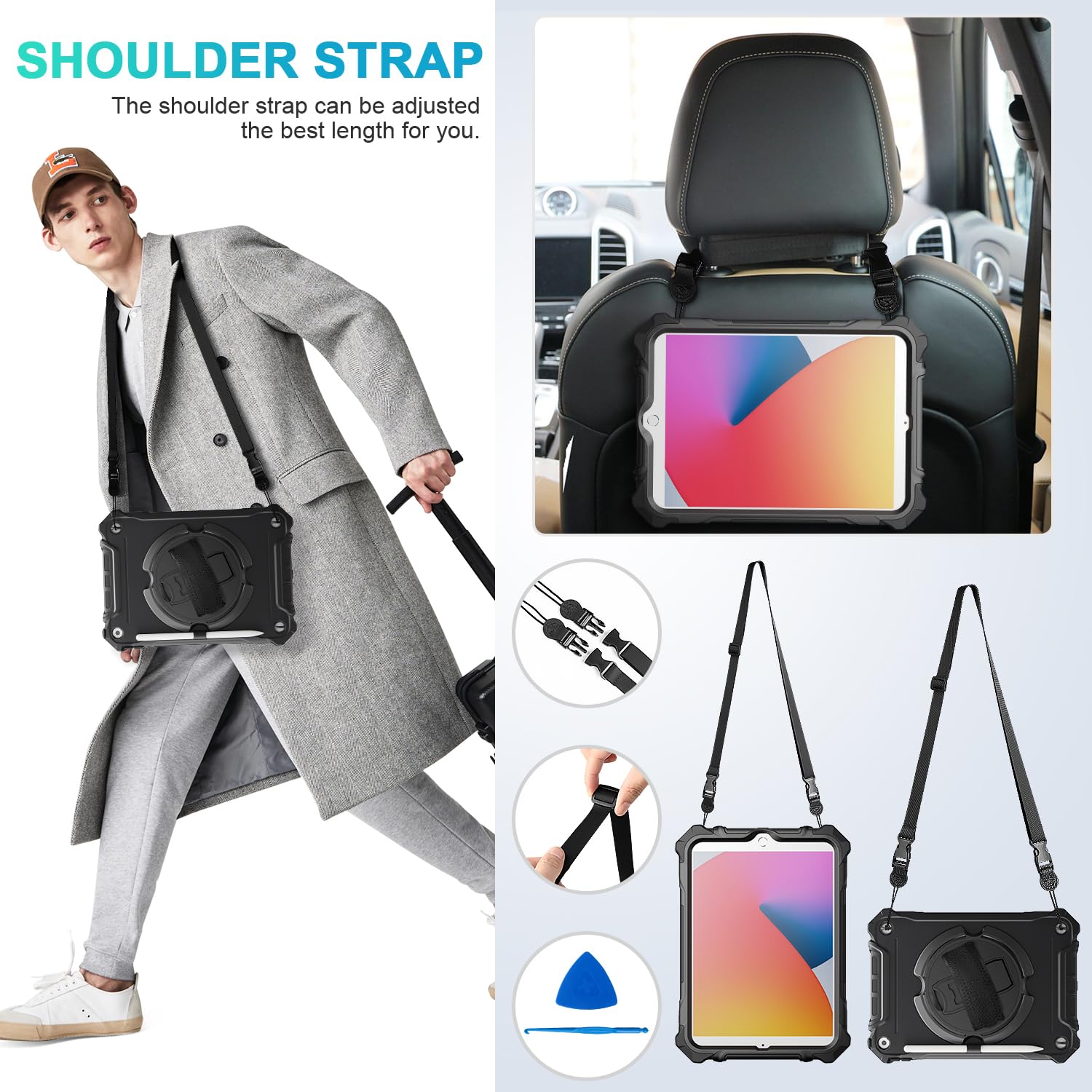 iPad 9th/ 8th/ 7th Generation 10.2 inch Shockproof Full Body Protective Case with 360° Rotating Hand Strap & Stand-Black