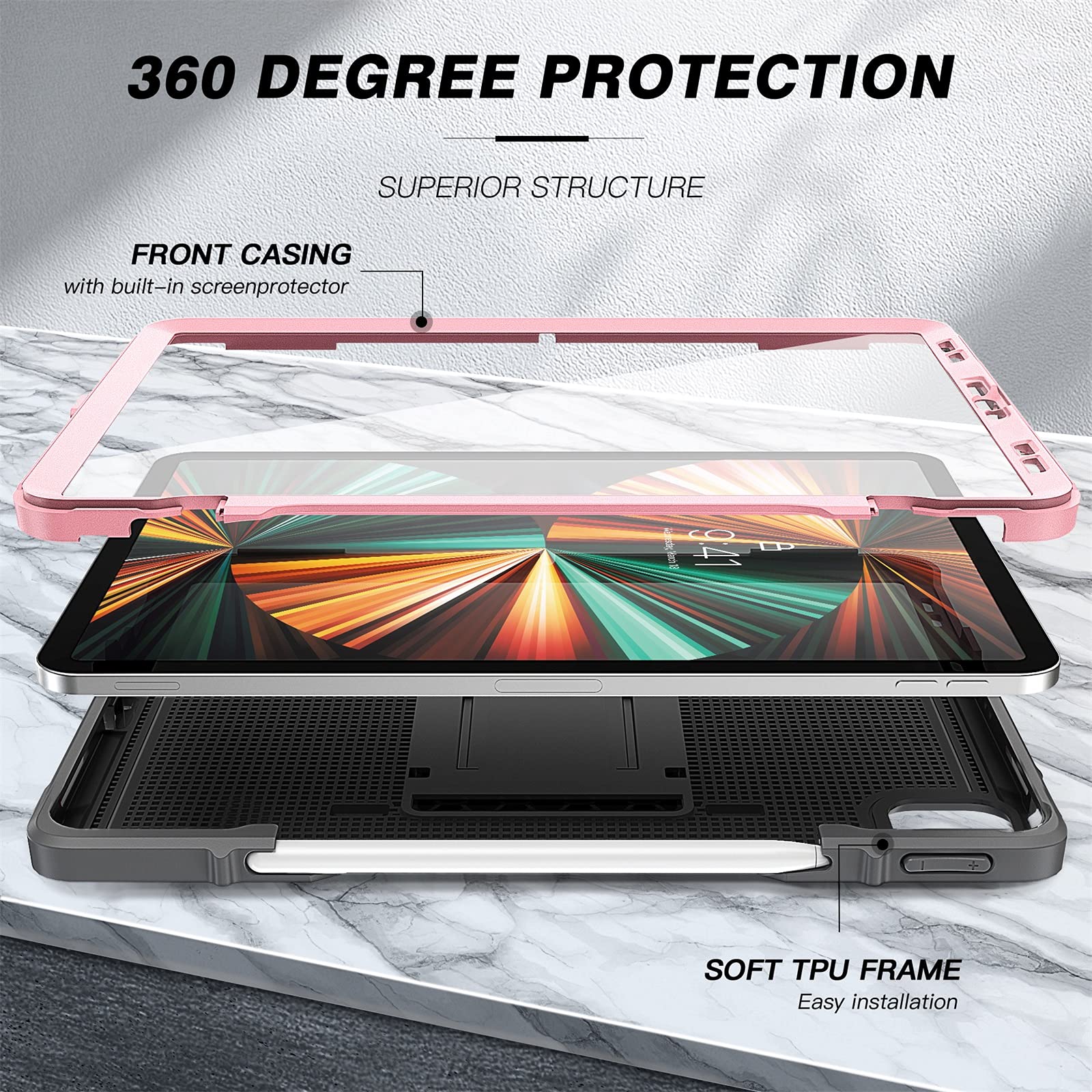 iPad Pro 13 Inc M4 2024 7th Gen/Pro 12.9 Inch 6th/5th/4th Generation 2022/2021/2020 Full Body Protective Case-Pink