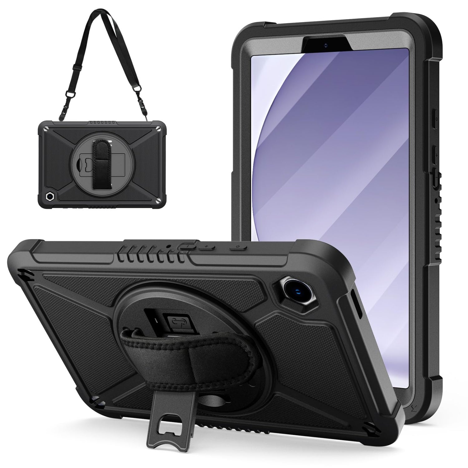 Samsung Galaxy Tab A9 8.7 Inch with 360 Rotating Hand Strap & Shoulder Strap Heavy Duty Shockproof Protective Case-Black