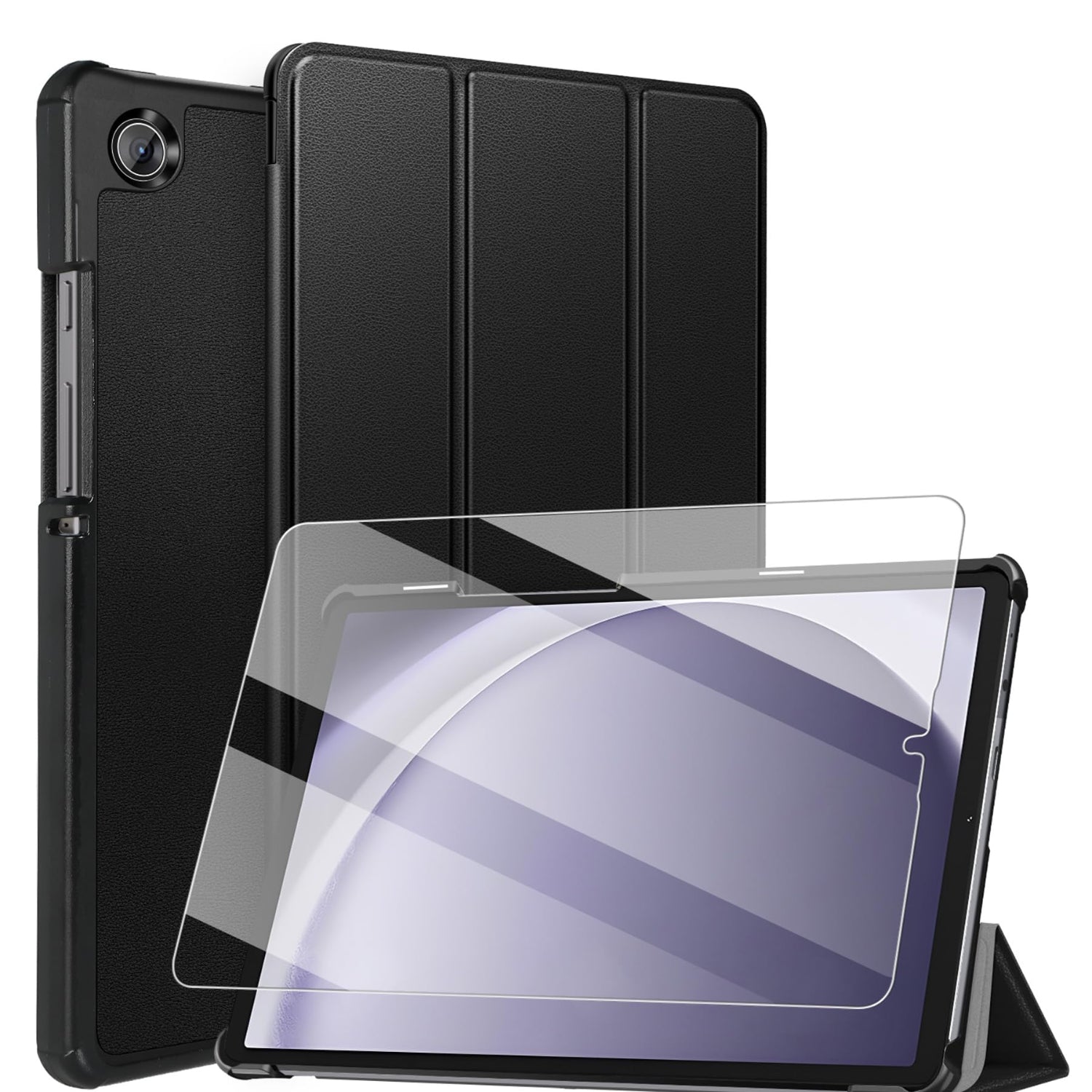 Samsung Galaxy Tab A9 8.7 Inch, with Screen Protector Tempered Glass, Tri-Fold/Slim Lightweight Hard PC Stand Tablet Cover Case-Black