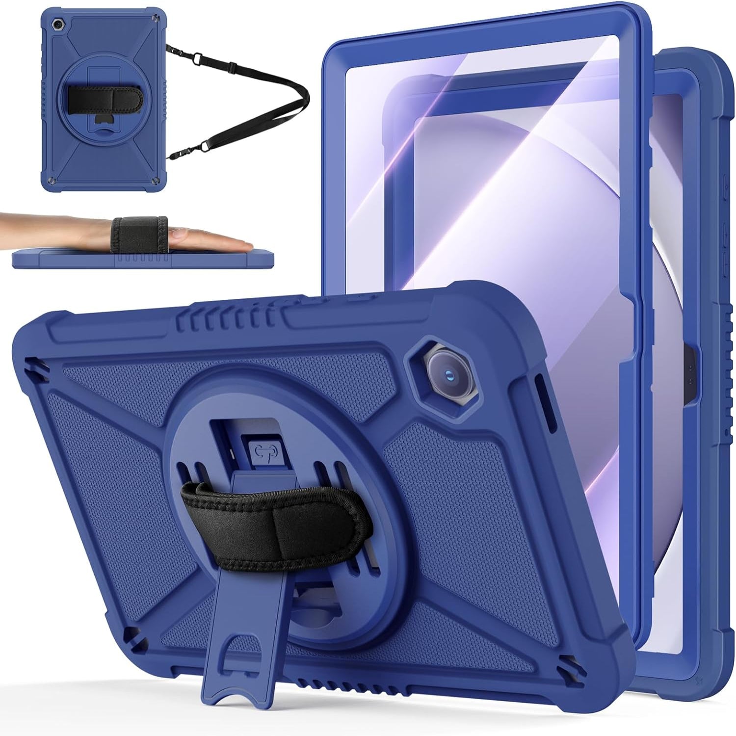Samsung Galaxy Tab A9+ / A9 Plus 11''Shockproof Hard Duty with Screen Protector+360 Rotating Hand Strap&Stand+Shoulder Strap Case-Blue