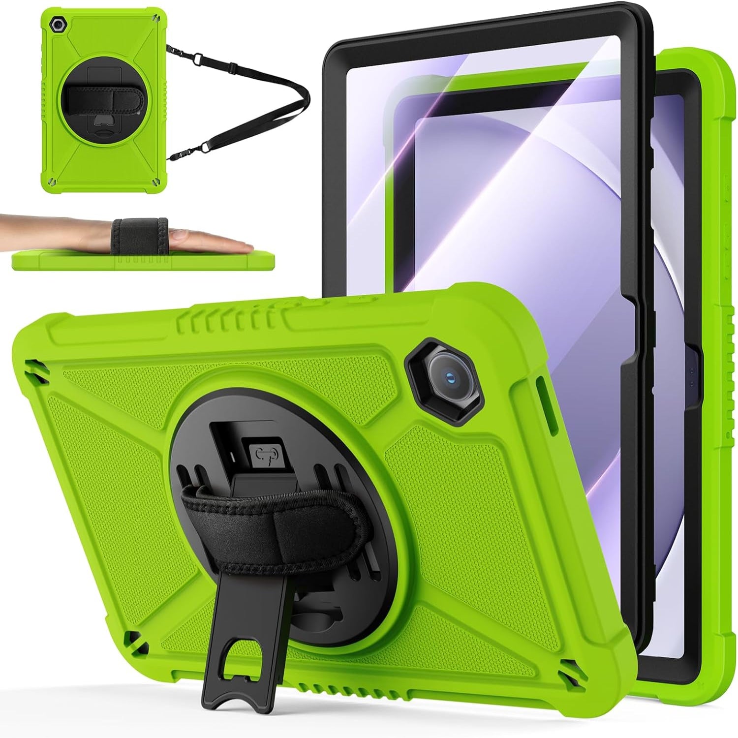 Samsung Galaxy Tab A9+ / A9 Plus 11''Shockproof Hard Duty with Screen Protector+360 Rotating Hand Strap&Stand+Shoulder Strap Case-Green