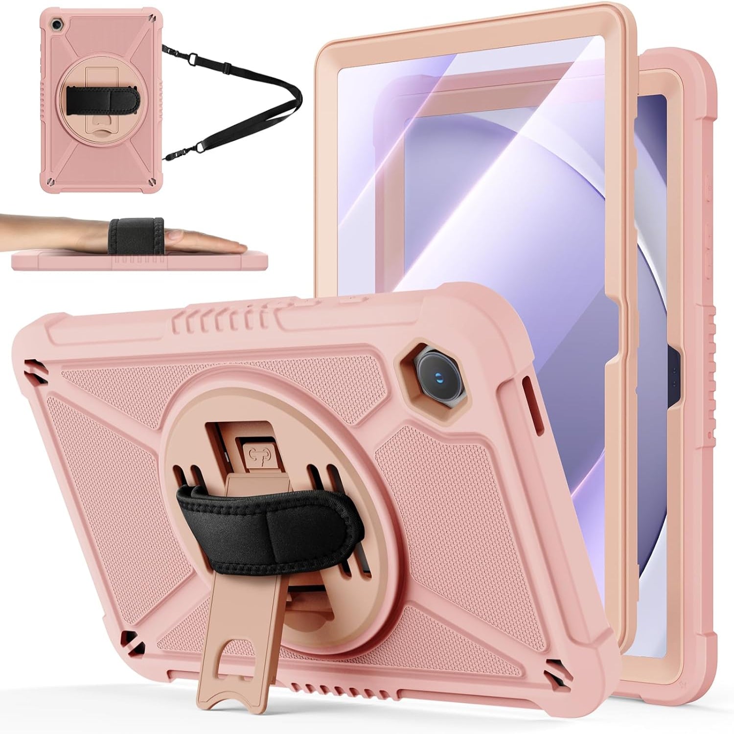 Samsung Galaxy Tab A9+ / A9 Plus 11''Shockproof Hard Duty with Screen Protector+360 Rotating Hand Strap&Stand+Shoulder Strap Case-Pink