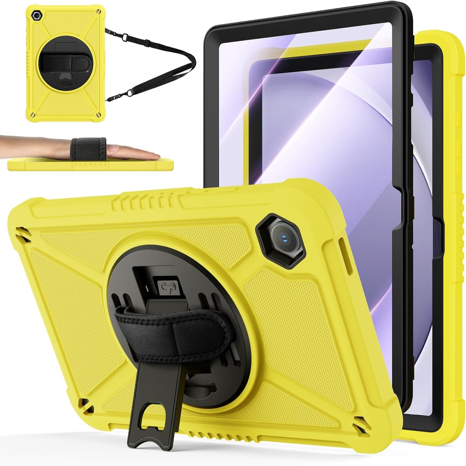 Samsung Galaxy Tab A9+ / A9 Plus 11''Shockproof Hard Duty with Screen Protector+360 Rotating Hand Strap Stand+Shoulder Strap Case-Yellow