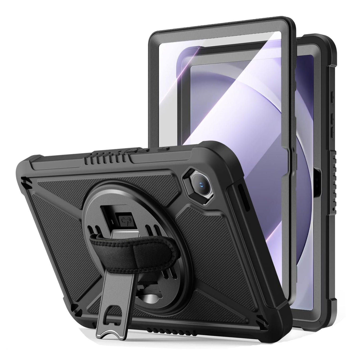 Samsung Galaxy Tab A9+ / A9 Plus 11'' Shockproof Hard Duty with Screen Protector+360 Rotating Hand Strap&Stand+Shoulder Strap Case-Black