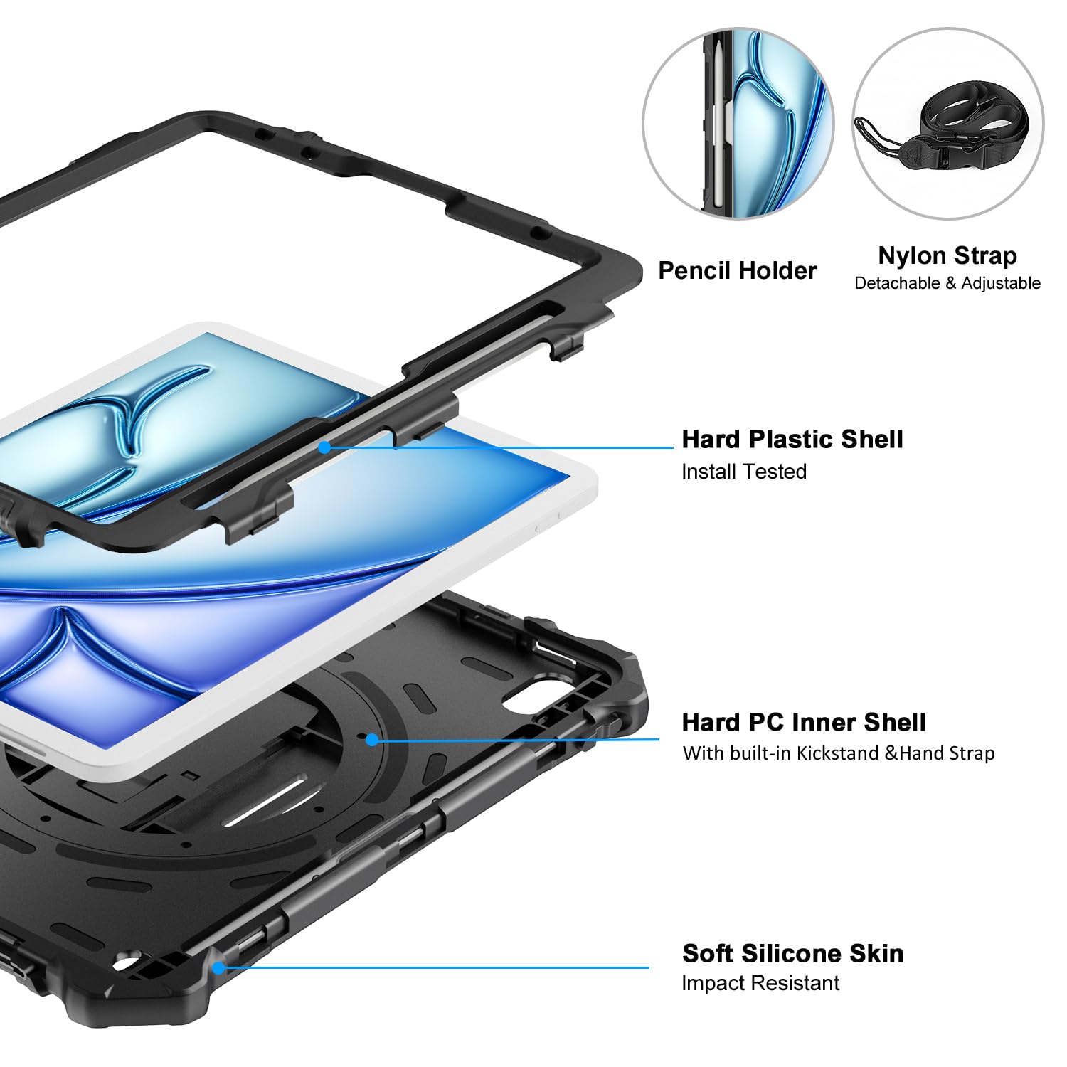 iPad Air 11 Inch 2024(M2), iPad Air 6th/5th/4th Generation 10.9 Inch Shockproof  Case with 360° Rotating Stand Hand/Shoulder Strap-Black