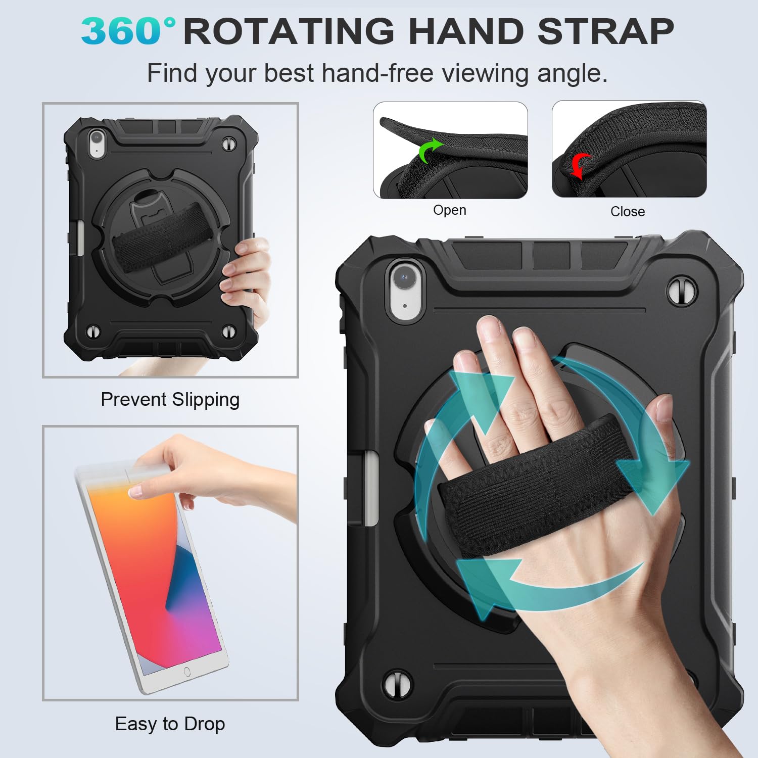 iPad Air 11 Inch 2024(M2), iPad Air 6th/5th/4th Generation 10.9 Inch Shockproof  Case with 360° Rotating Stand Hand/Shoulder Strap-Black