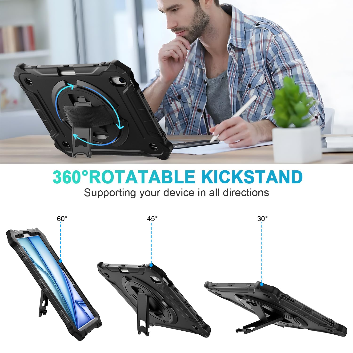 iPad Air 11 Inch 2024(M2), iPad Air 6th/5th/4th Generation 10.9 Inch Shockproof  Case with 360° Rotating Stand Hand/Shoulder Strap-Black
