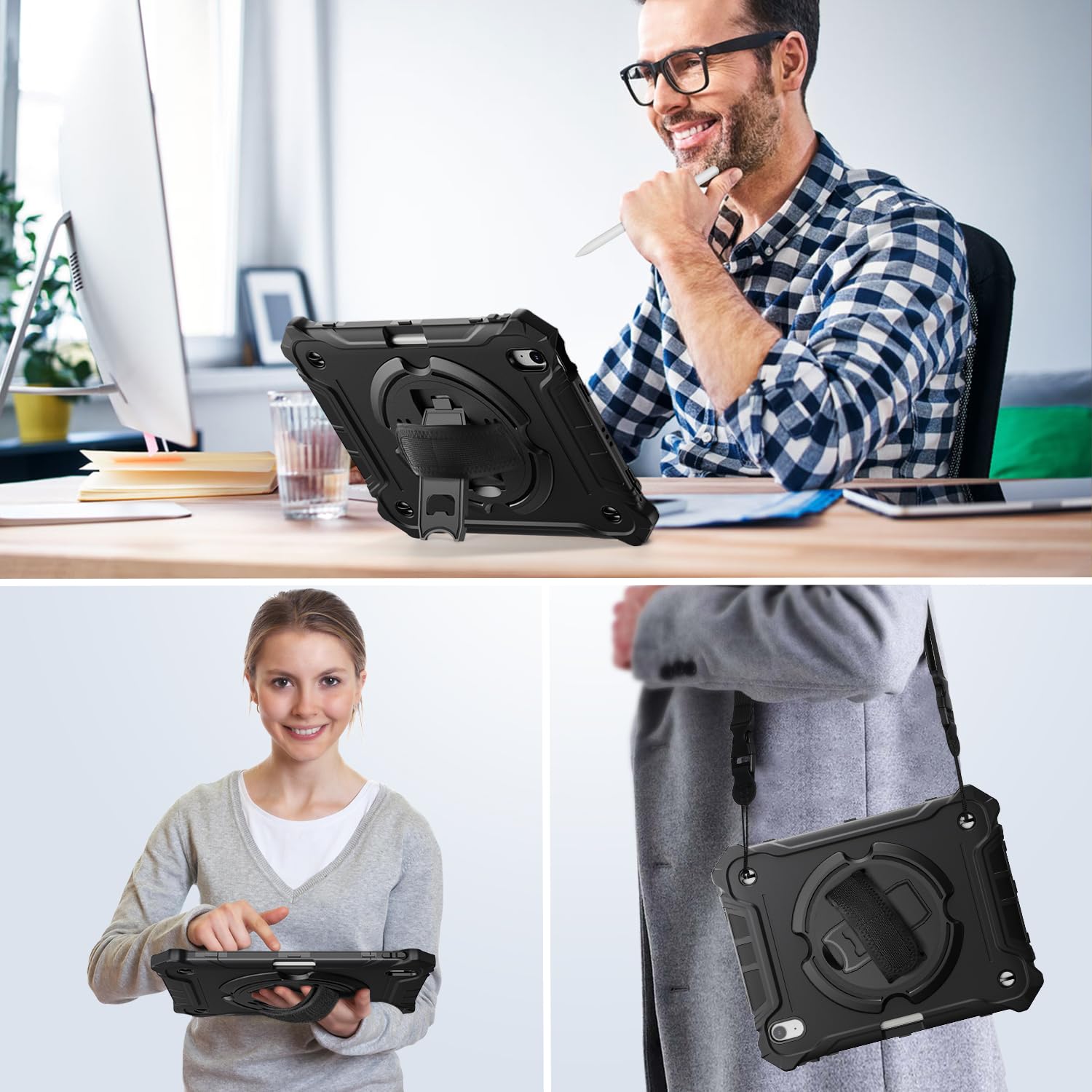 iPad Air 11 Inch 2024(M2), iPad Air 6th/5th/4th Generation 10.9 Inch Shockproof  Case with 360° Rotating Stand Hand/Shoulder Strap-Black