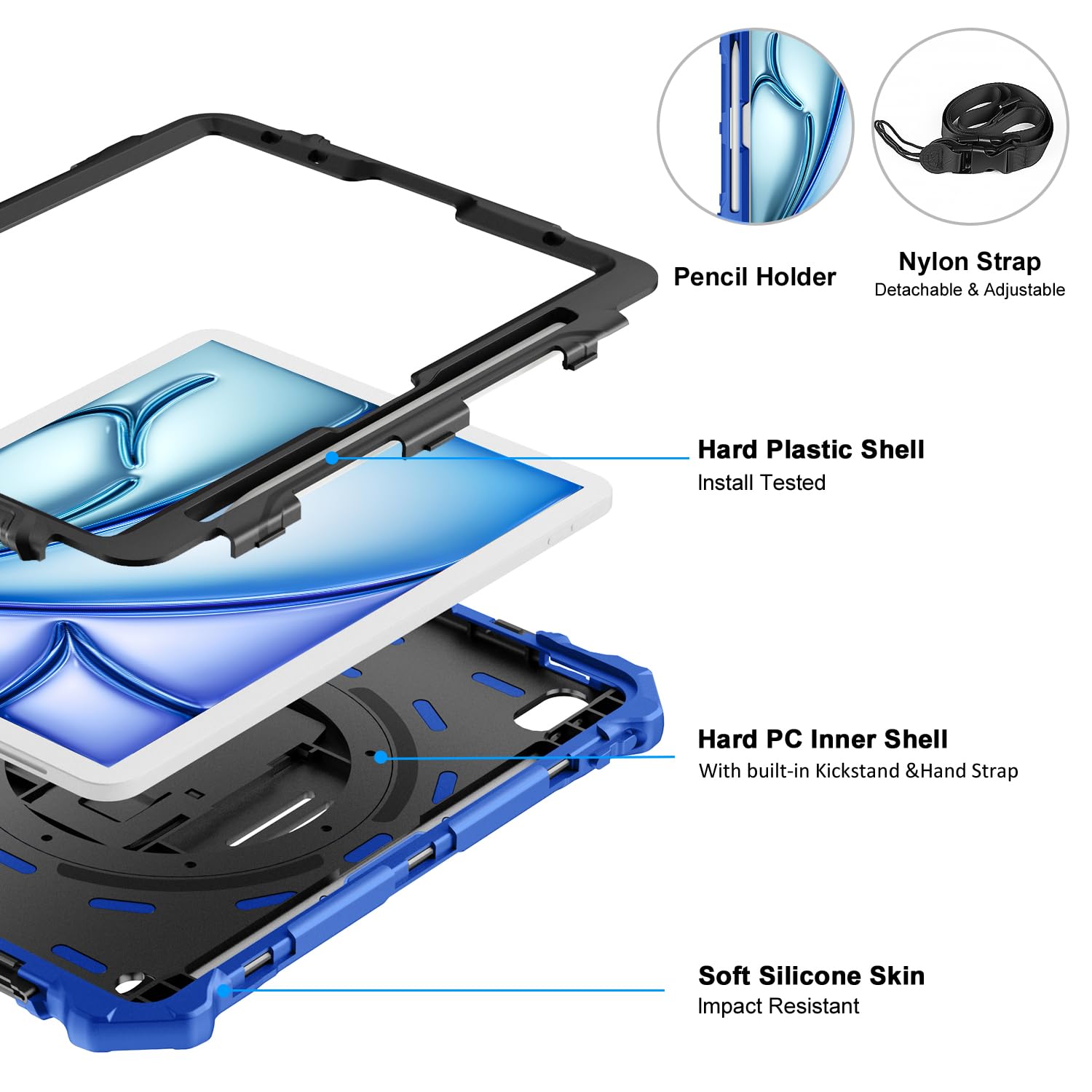 iPad Air 11 Inch Case 2024(M2), iPad Air 6th/5th/4th Generation 10.9 Inch  Shockproof Case with 360° Rotating Stand Hand/Shoulder Strap-Blue