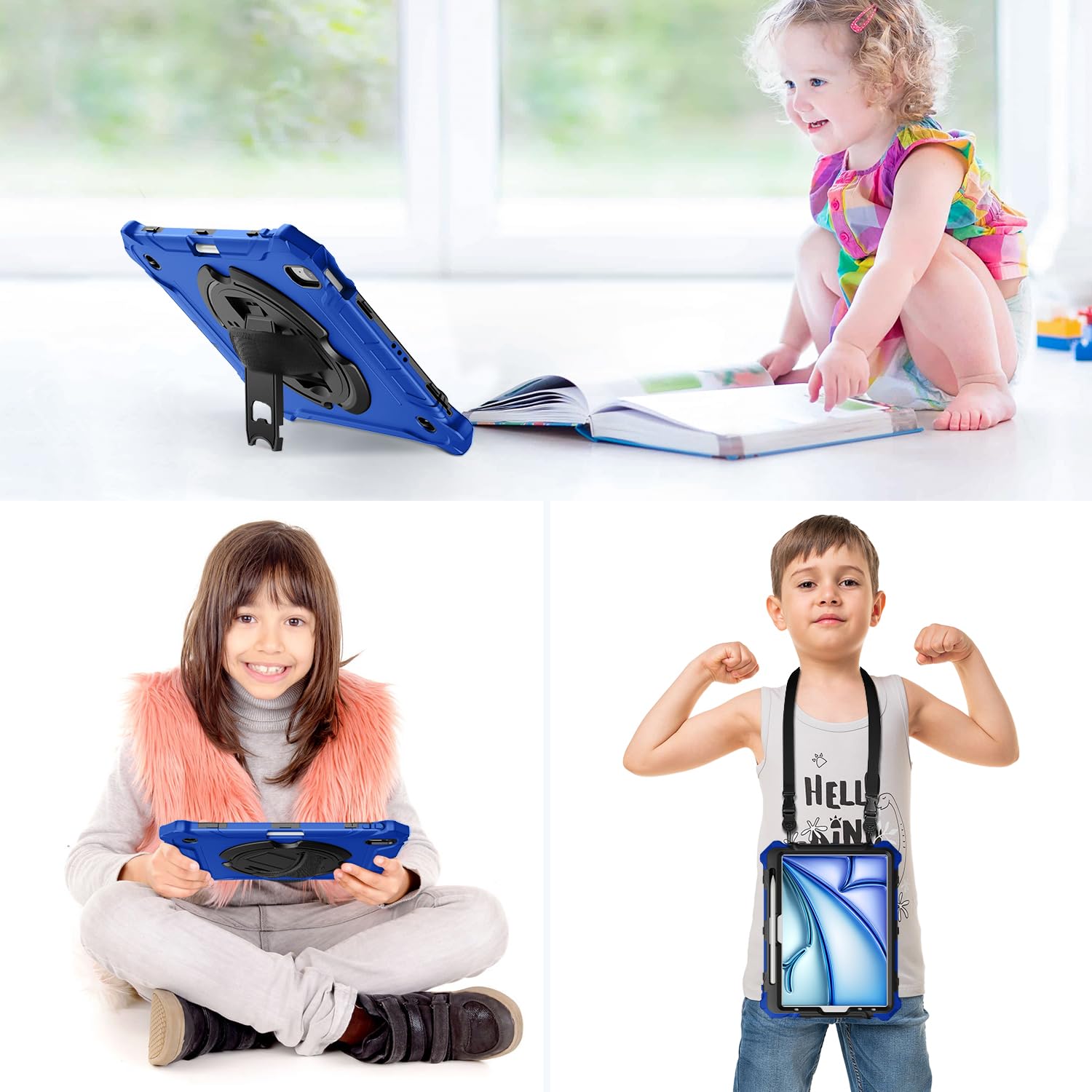 iPad Air 11 Inch Case 2024(M2), iPad Air 6th/5th/4th Generation 10.9 Inch  Shockproof Case with 360° Rotating Stand Hand/Shoulder Strap-Blue