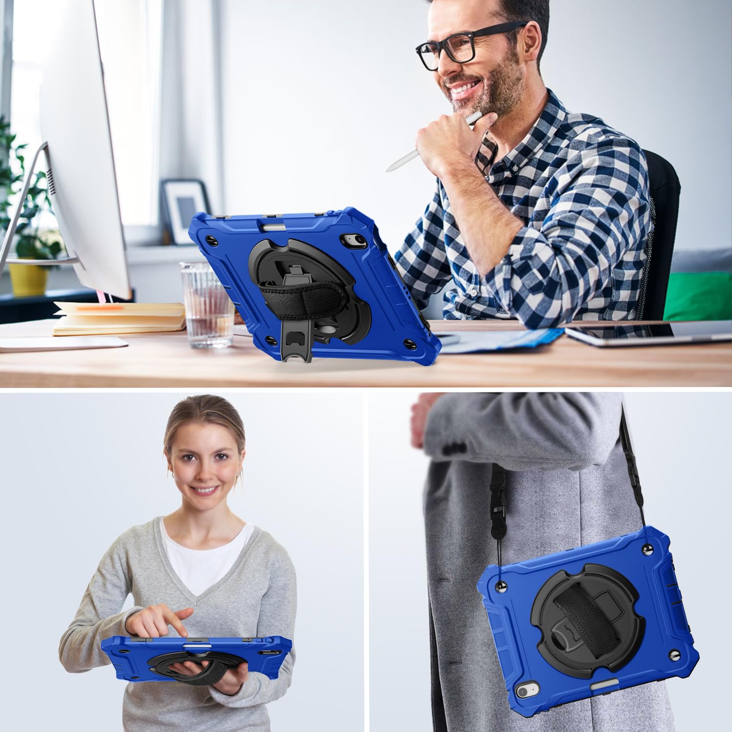 iPad Air 11 Inch Case 2024(M2), iPad Air 6th/5th/4th Generation 10.9 Inch  Shockproof Case with 360° Rotating Stand Hand/Shoulder Strap-Blue