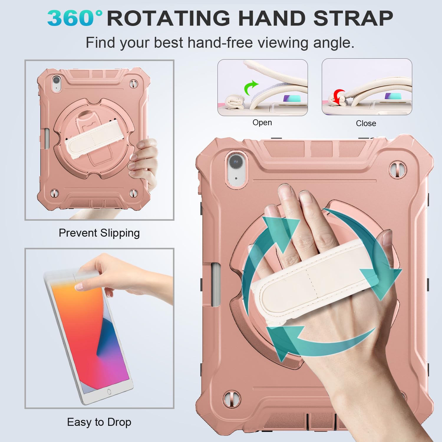 iPad Air 11 Inch 2024(M2), iPad Air 6th Generation Shockproof Case with 360° Rotating Stand Hand/Shoulder Strap-Pink